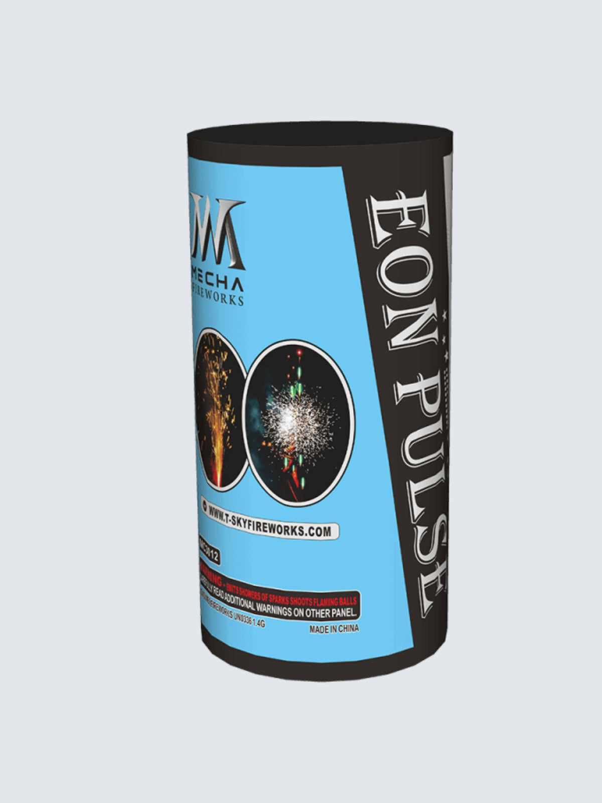 Unit of Eon Pulse a Fountain firework. With classy blue and black art.