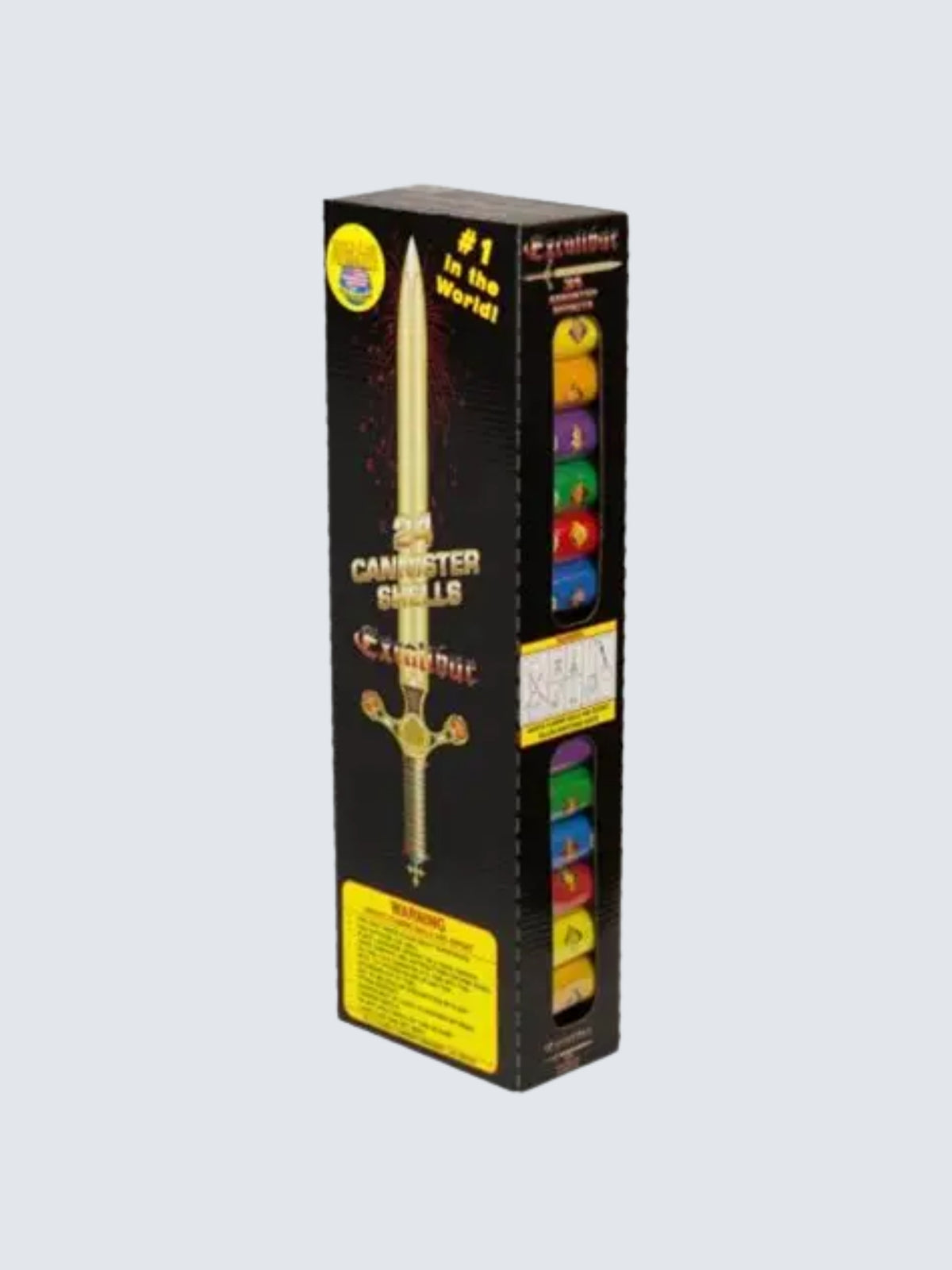 Excalibur canister artillery shell fireworks kit featuring a golden sword on black packaging with colorful shells visible.