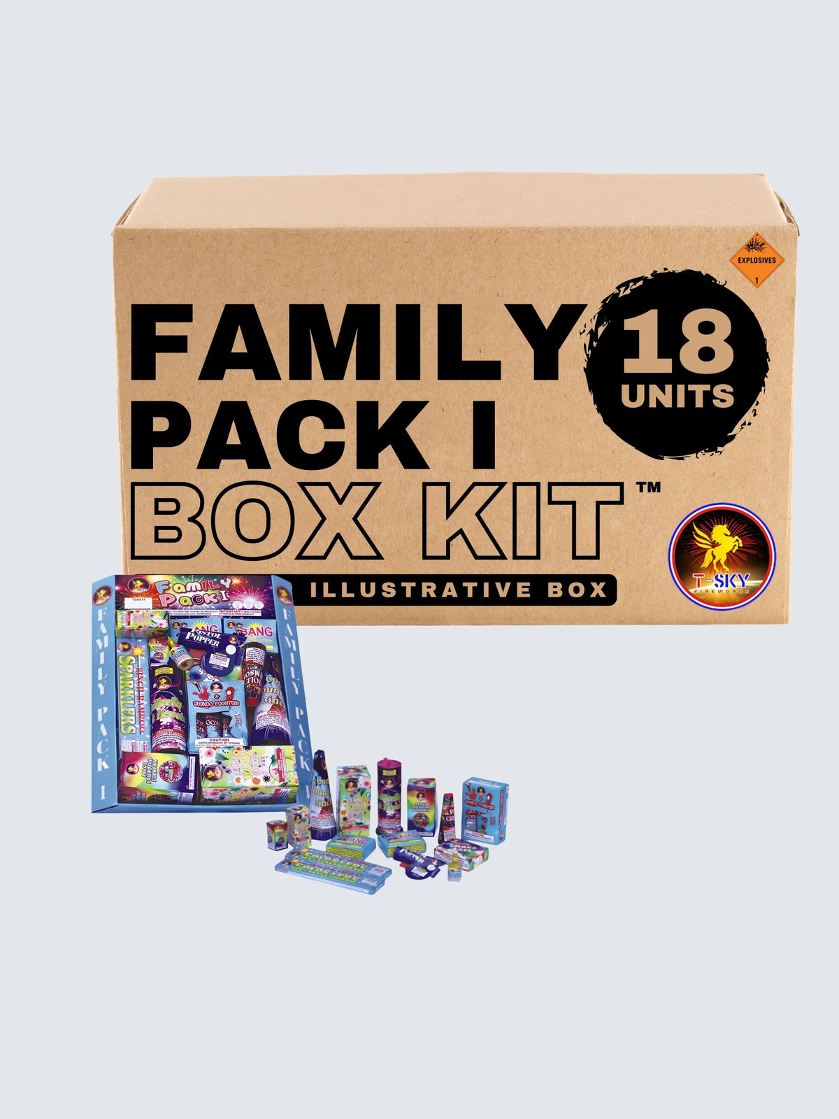 Family Pack 1 fireworks assortment box kit by T-Sky Fireworks featuring 18 units including fountains, sparklers, and novelty fireworks.