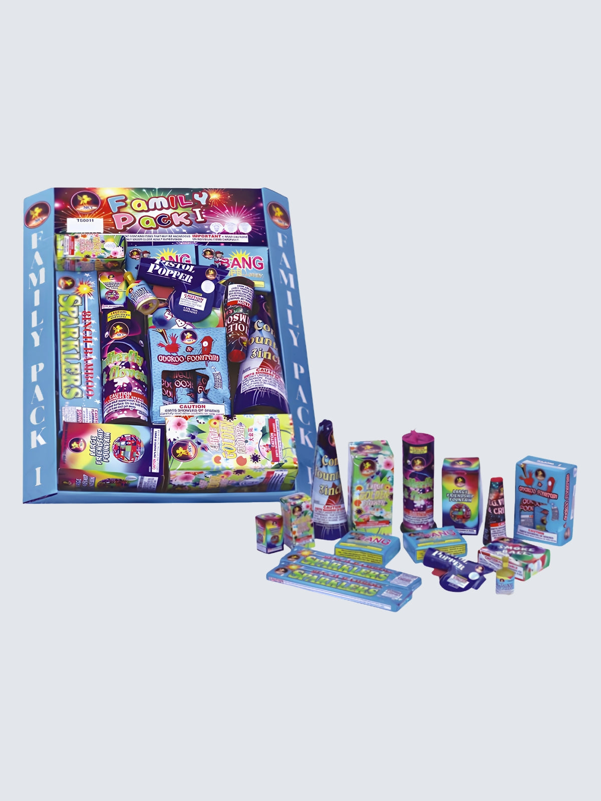 Family Pack 1 fireworks assortment featuring a colorful variety of fountains, sparklers, novelties, and ground fireworks.