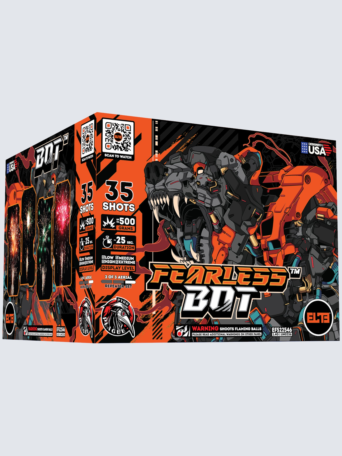 Unit of Fearless Bot large cake fireworks, includes 35 shots. Packaging shows a orange robot bear.