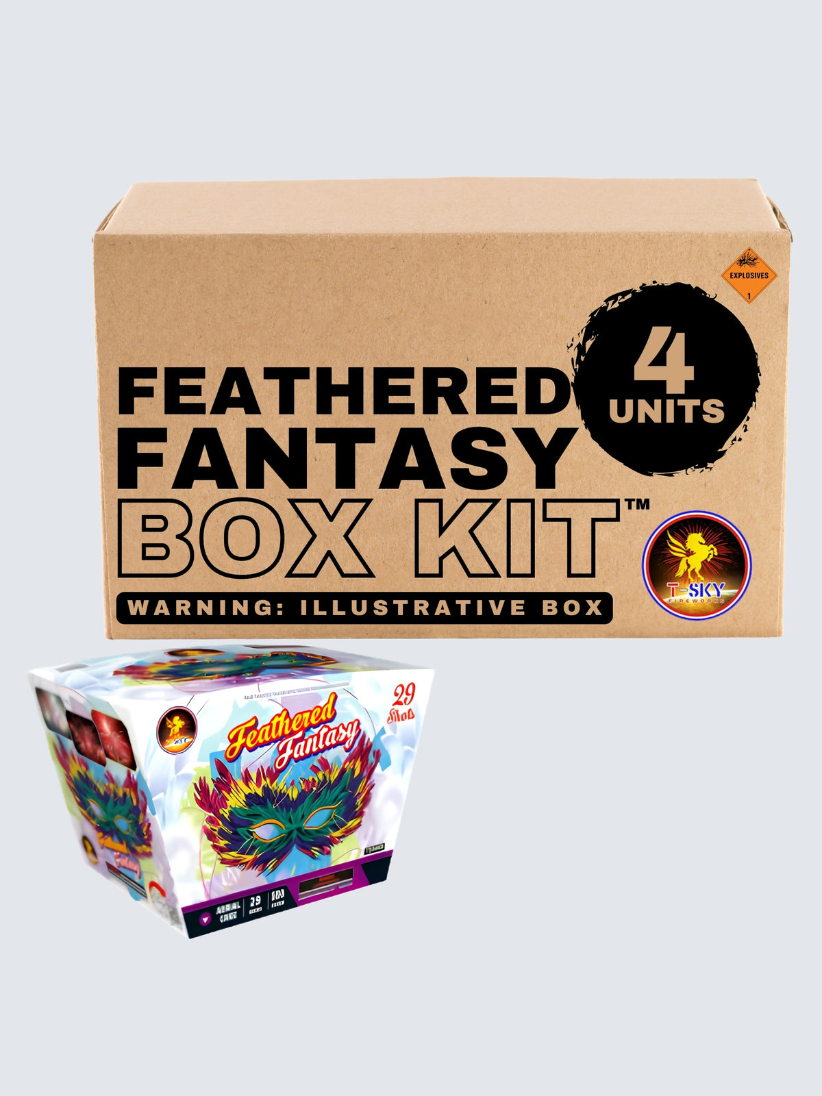 Feathered Fantasy 29-shot aerial repeater box kit by T-Sky Fireworks, featuring 4 units with colorful feathered masquerade mask artwork.