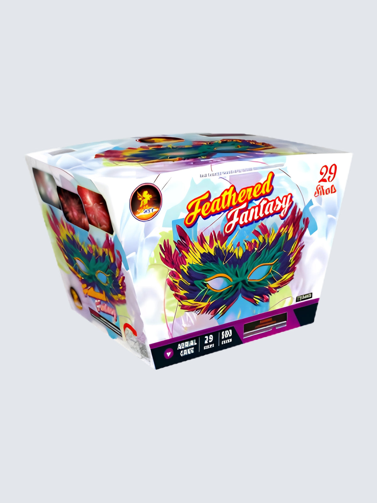 Feathered Fantasy 29-shot aerial repeater by T-Sky Fireworks, featuring a vibrant multicolored feathered masquerade mask.
