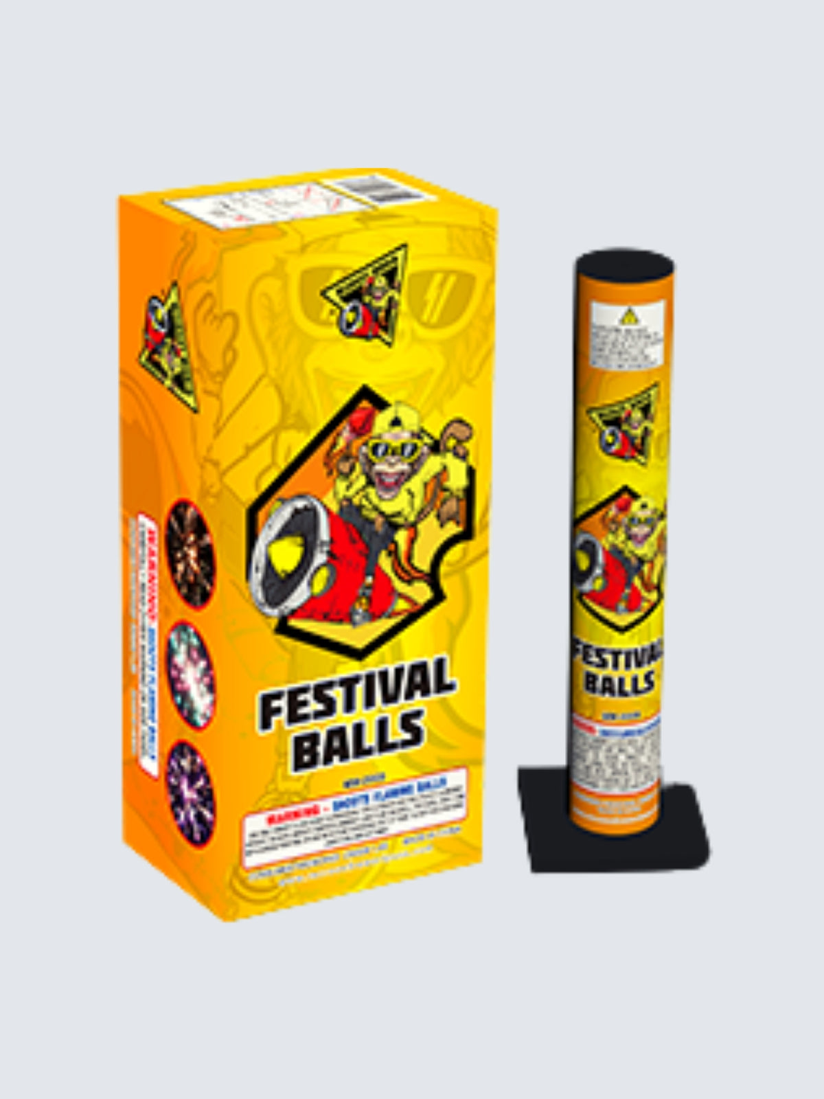 Monkey Mania Festival Ball A 6-break artillery shell firework in packaging with a simple yellow background.