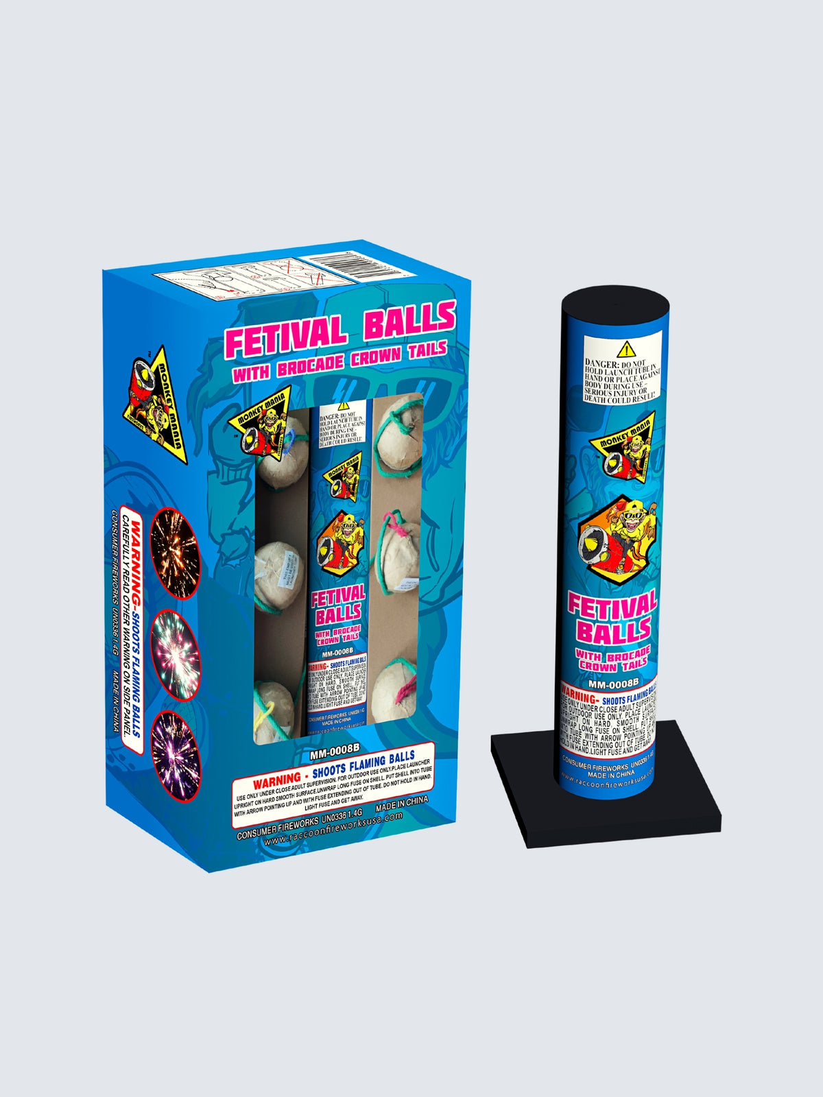 Monkey Mania Festival Ball B 6-break artillery shell firework in simple blue packaging.
