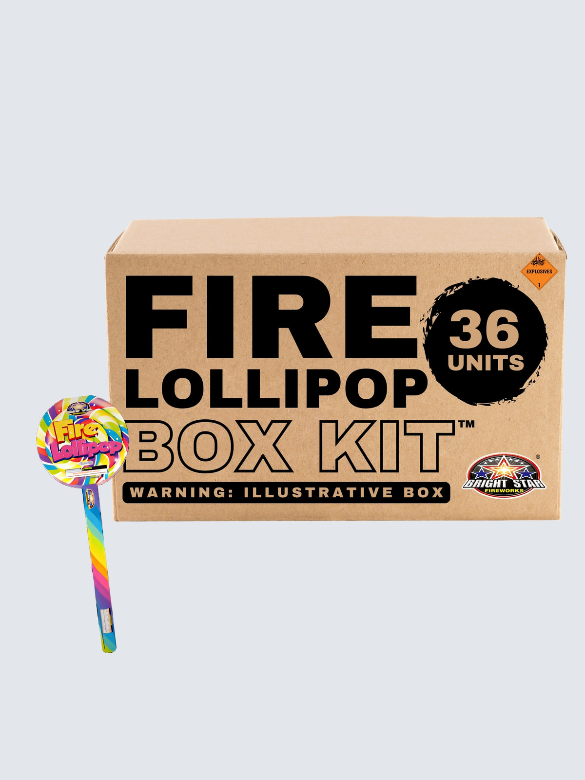 Fire Lollipop novelty firework box kit by Bright Star Fireworks with 36 units and rainbow lollipop packaging.