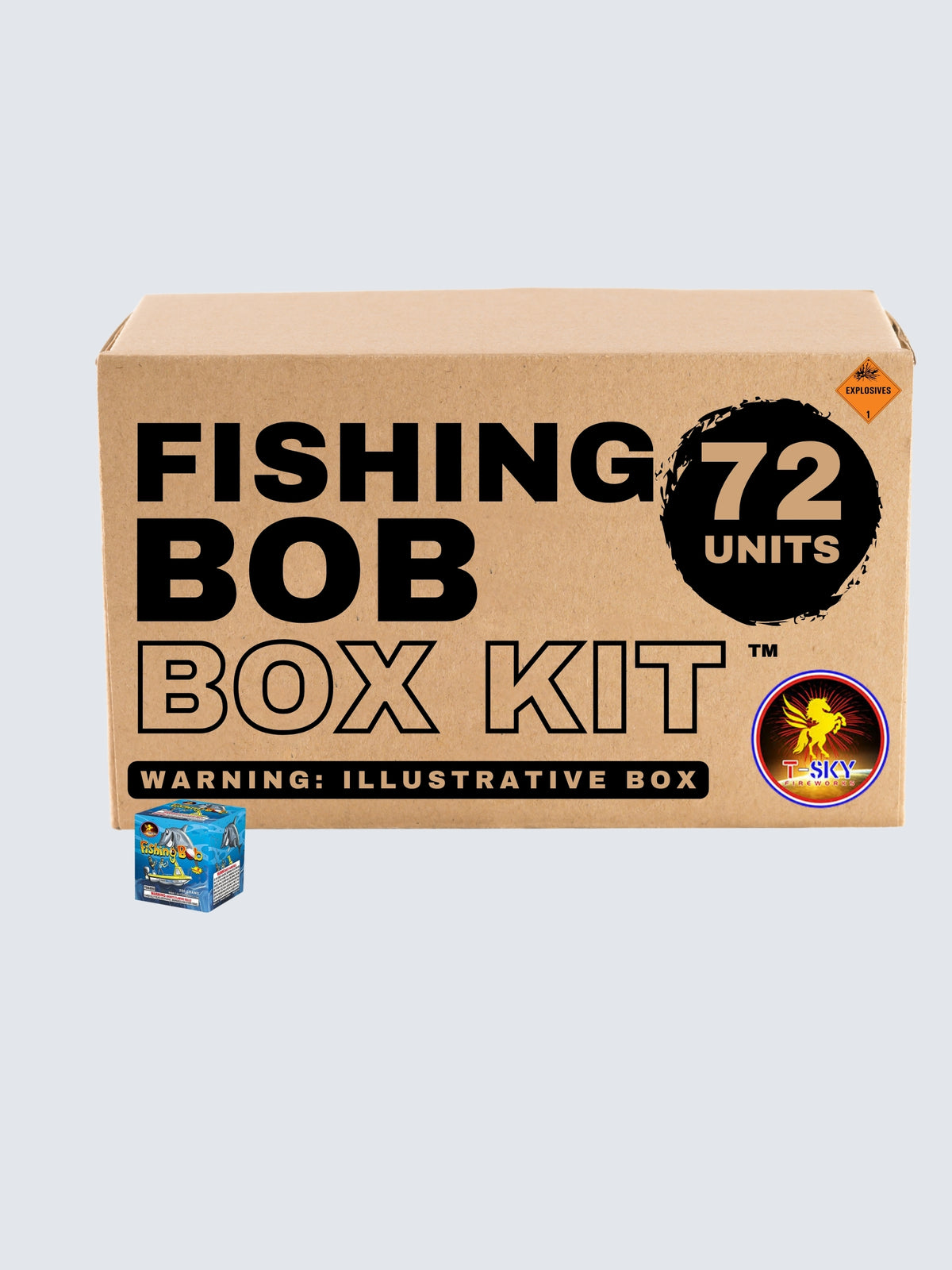 Fishing Bob 9-shot aerial repeater box kit by T-Sky Fireworks with 72 units featuring a cartoon shark and fishing boat.