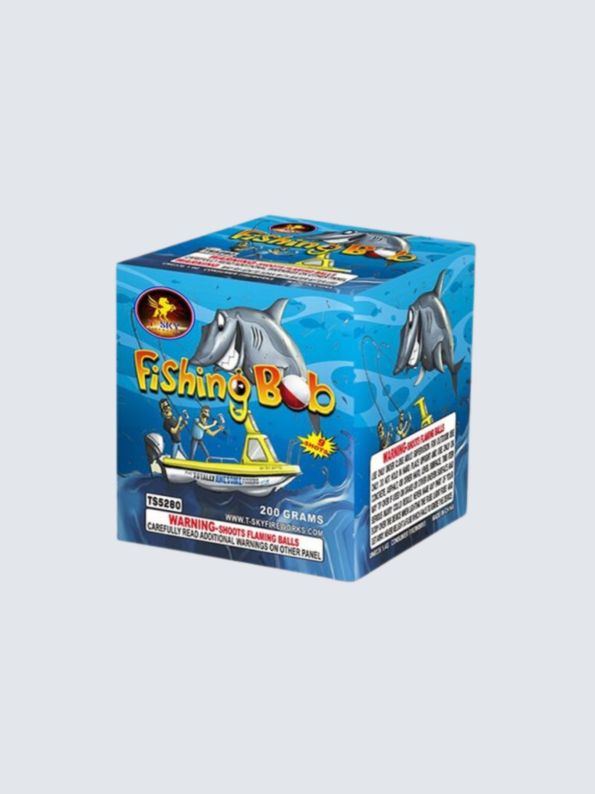 Fishing Bob 9-shot aerial repeater by T-Sky Fireworks with a cartoon shark looming over a fishing boat.