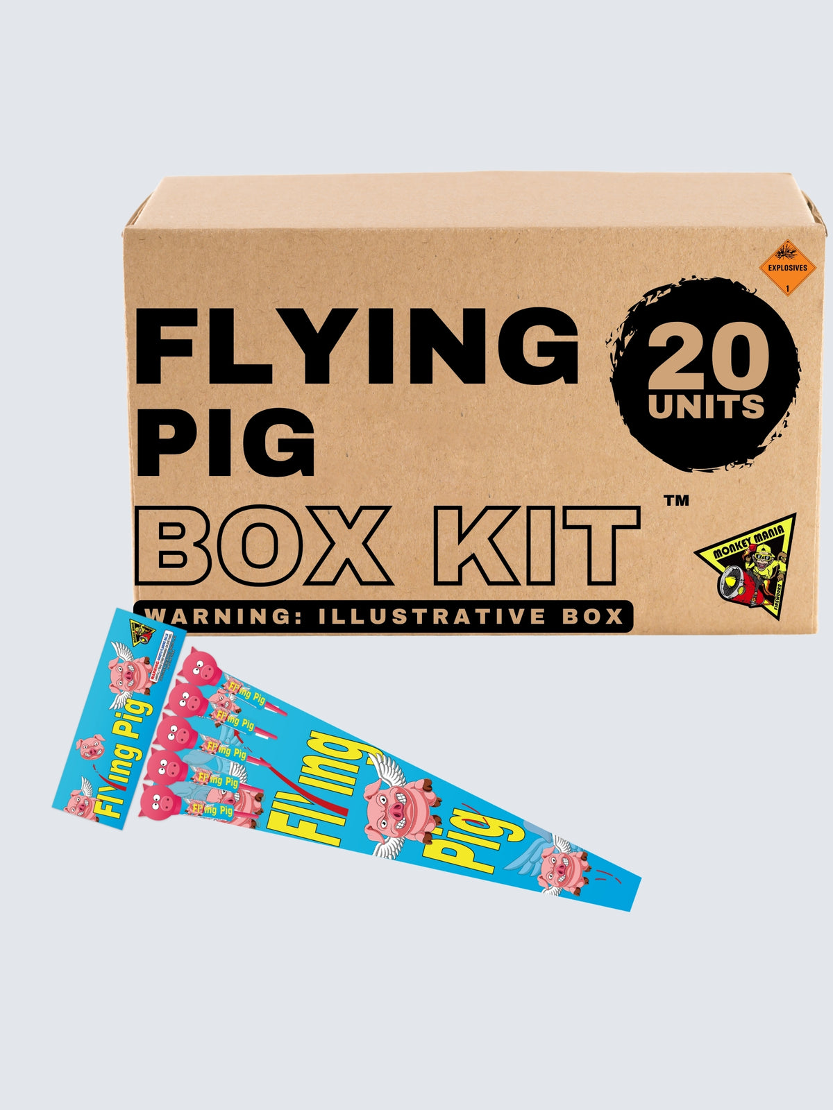 Flying Pig 20-unit rocket box kit by Monkey Mania, featuring 5-pack rockets with bright blue winged pig packaging.