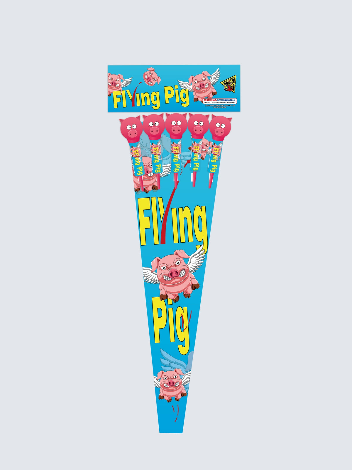 Flying Pig 5-pack rocket fireworks by Monkey Mania, featuring bright blue packaging with cartoon winged pigs.