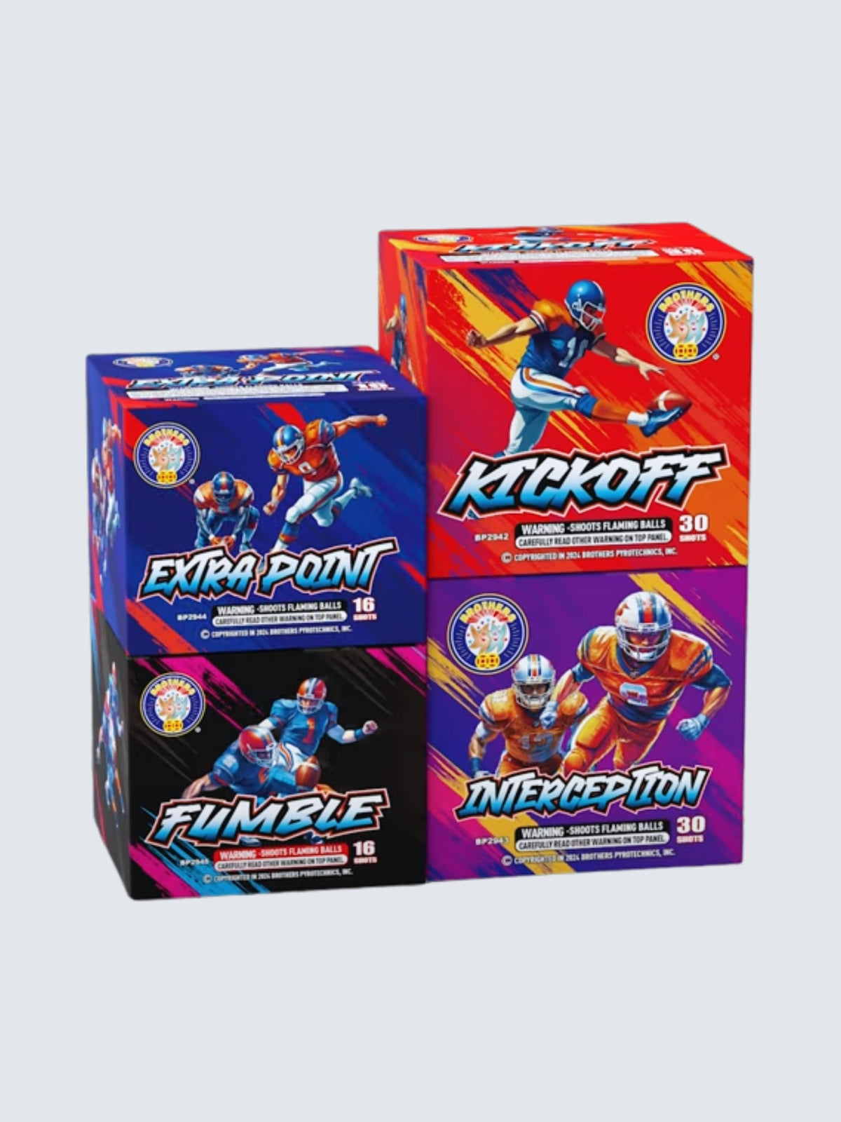 Football Fury football-themed aerial repeater fireworks by Brothers Fireworks, featuring Kickoff, Extra Point, Fumble, and Interception cakes.