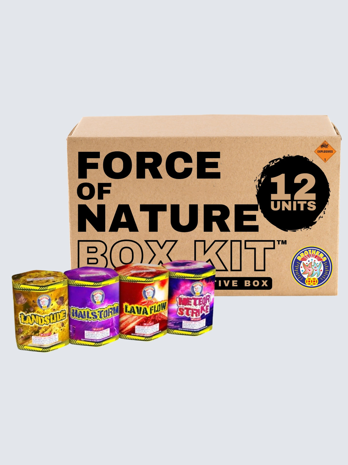 Force of Nature 12-unit box kit by Brothers Fireworks, featuring Landslide, Hailstorm, Lava Flow, and Meteor Strike fountains.