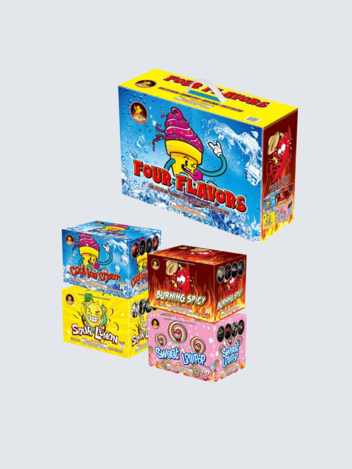 Four Flavors fireworks assortment by T-Sky Fireworks featuring Cold Ice Cream, Sour Lemon, Burning Spicy and Sweet Lollipop cakes