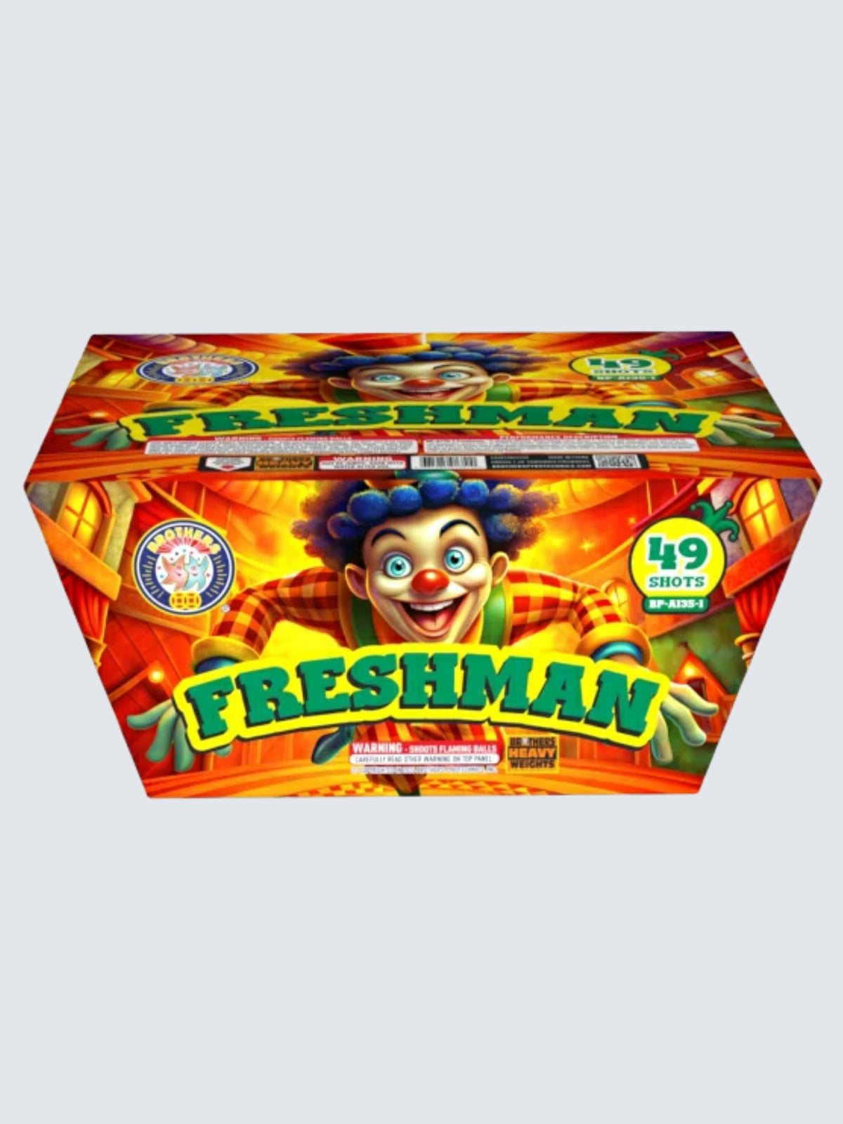 Freshman 49-shot aerial repeater by Brothers Fireworks, featuring a smiling blue-haired clown with a red nose and vibrant orange carnival artwork.