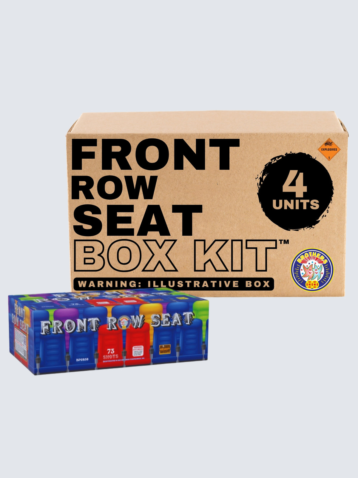 Front Row Seat 73-shot aerial repeater box kit by Brothers Fireworks, featuring 4 units with colorful stadium seating artwork.