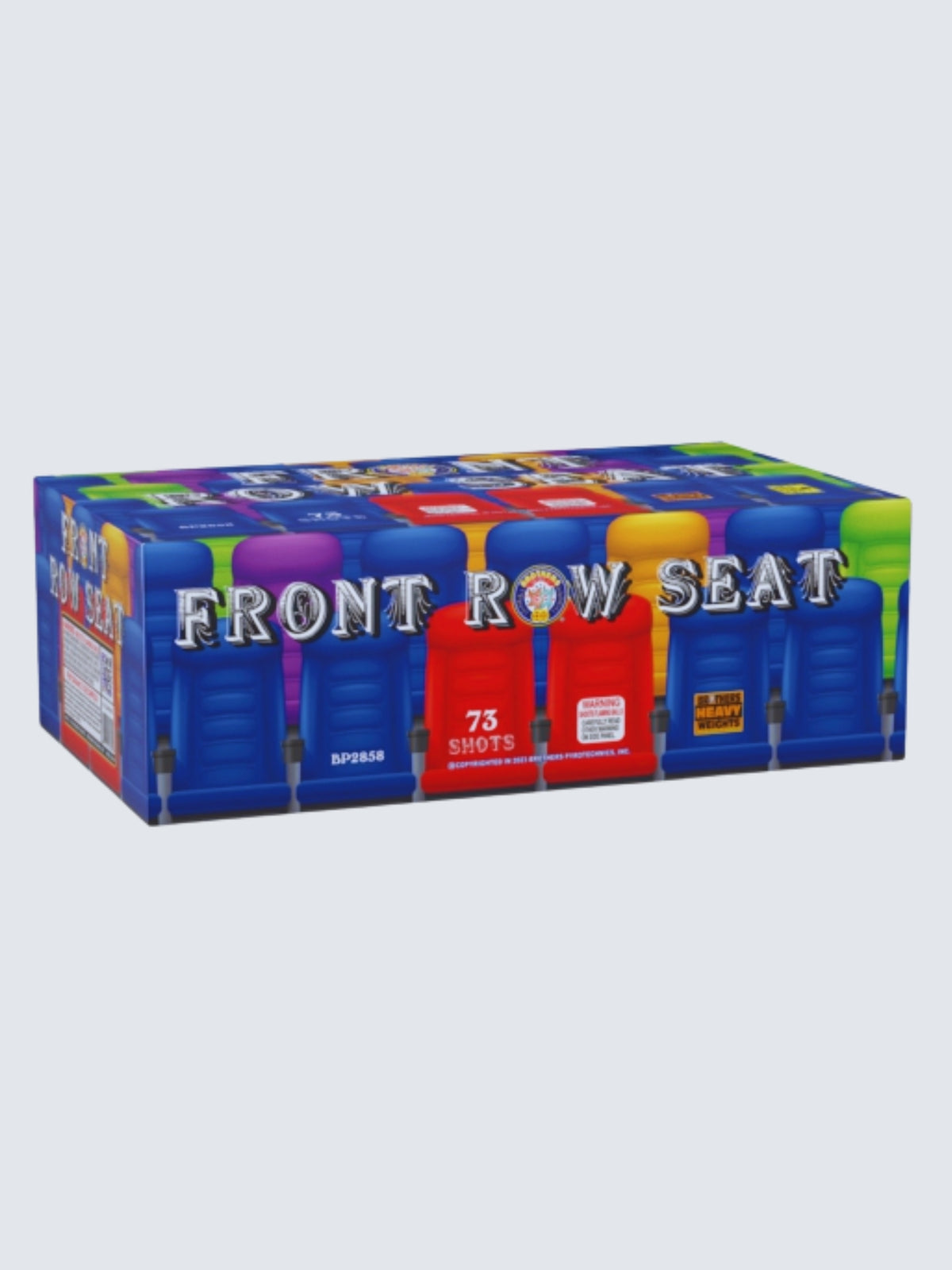 Front Row Seat 73-shot aerial repeater fireworks by Brothers Fireworks, featuring colorful blue, red, purple, and green stadium seats.