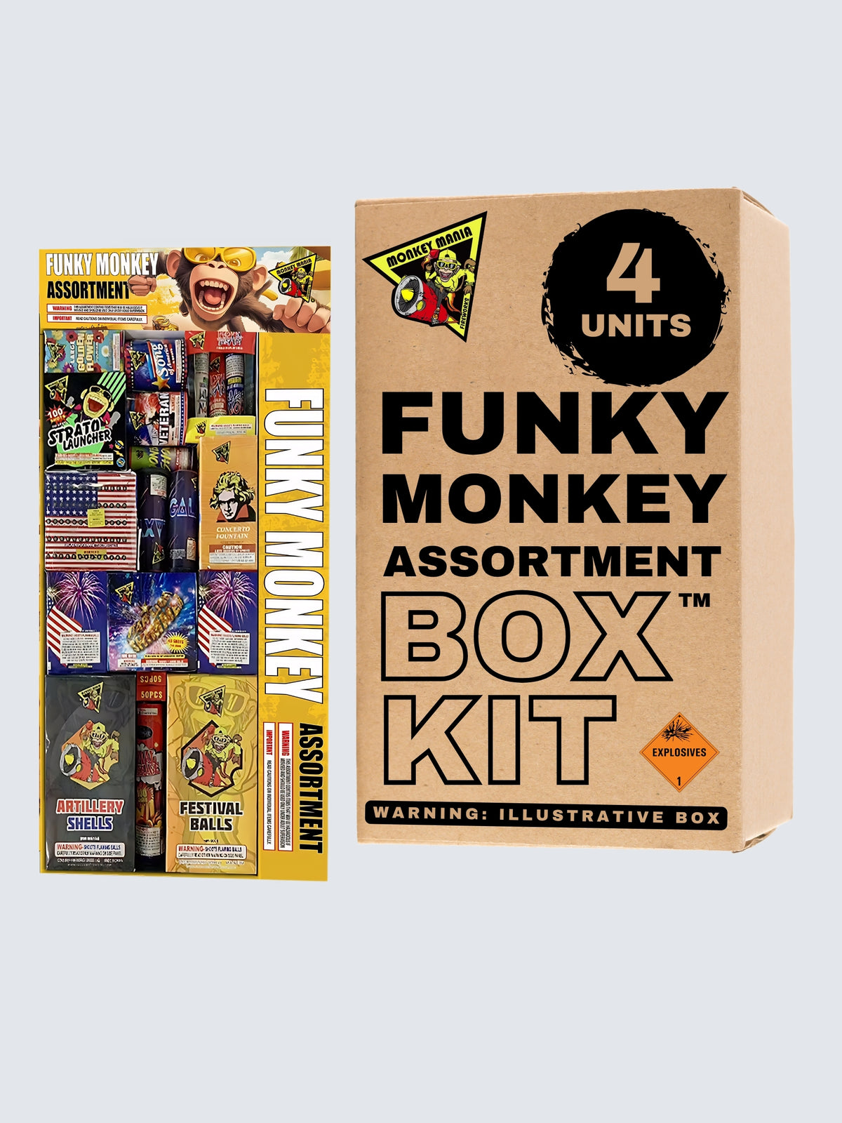 Funky Monkey fireworks assortment 4-unit box kit by Monkey Mania, featuring aerial shells, fountains, and novelty fireworks.