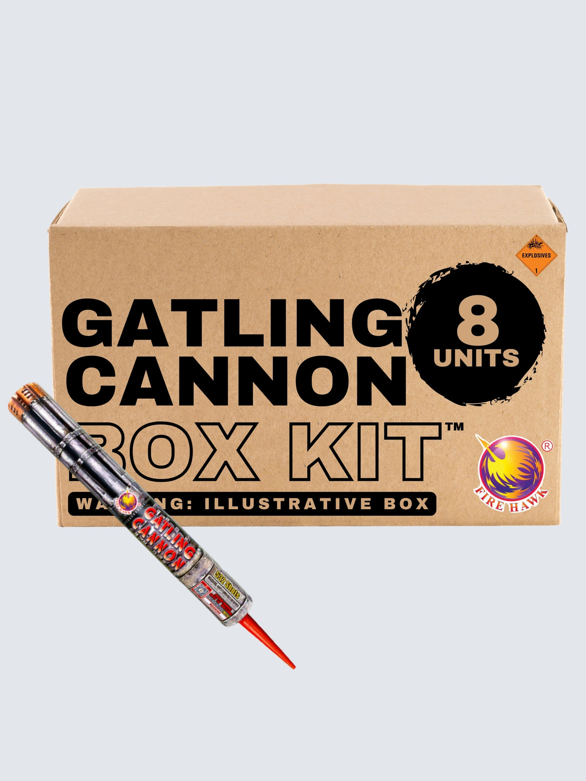 Firehawk Fireworks Gatling Cannon 532-shot barrage candle box kit with eight units and metal pipe artwork.