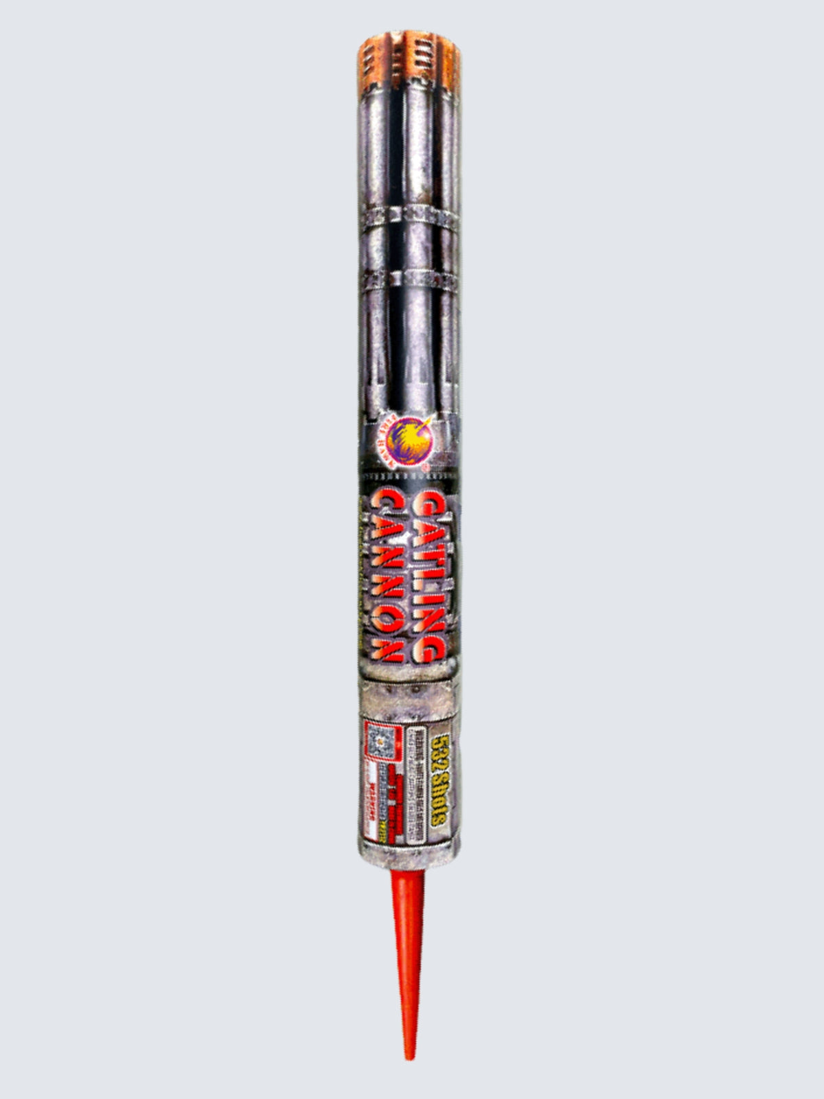 Firehawk Fireworks Gatling Cannon 532-shot Roman barrage candle with metal pipe artwork on the packaging.