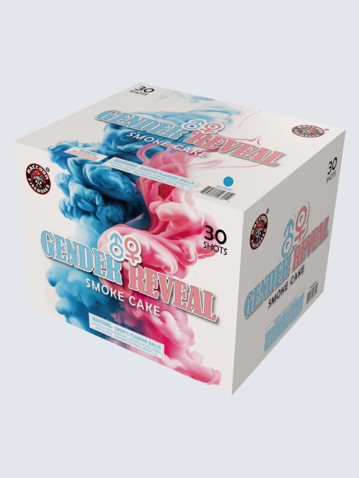 Raccoon Fireworks Blue Gender Reveal 30-shot Smoke Cake with pink and blue smoke artwork on white packaging.