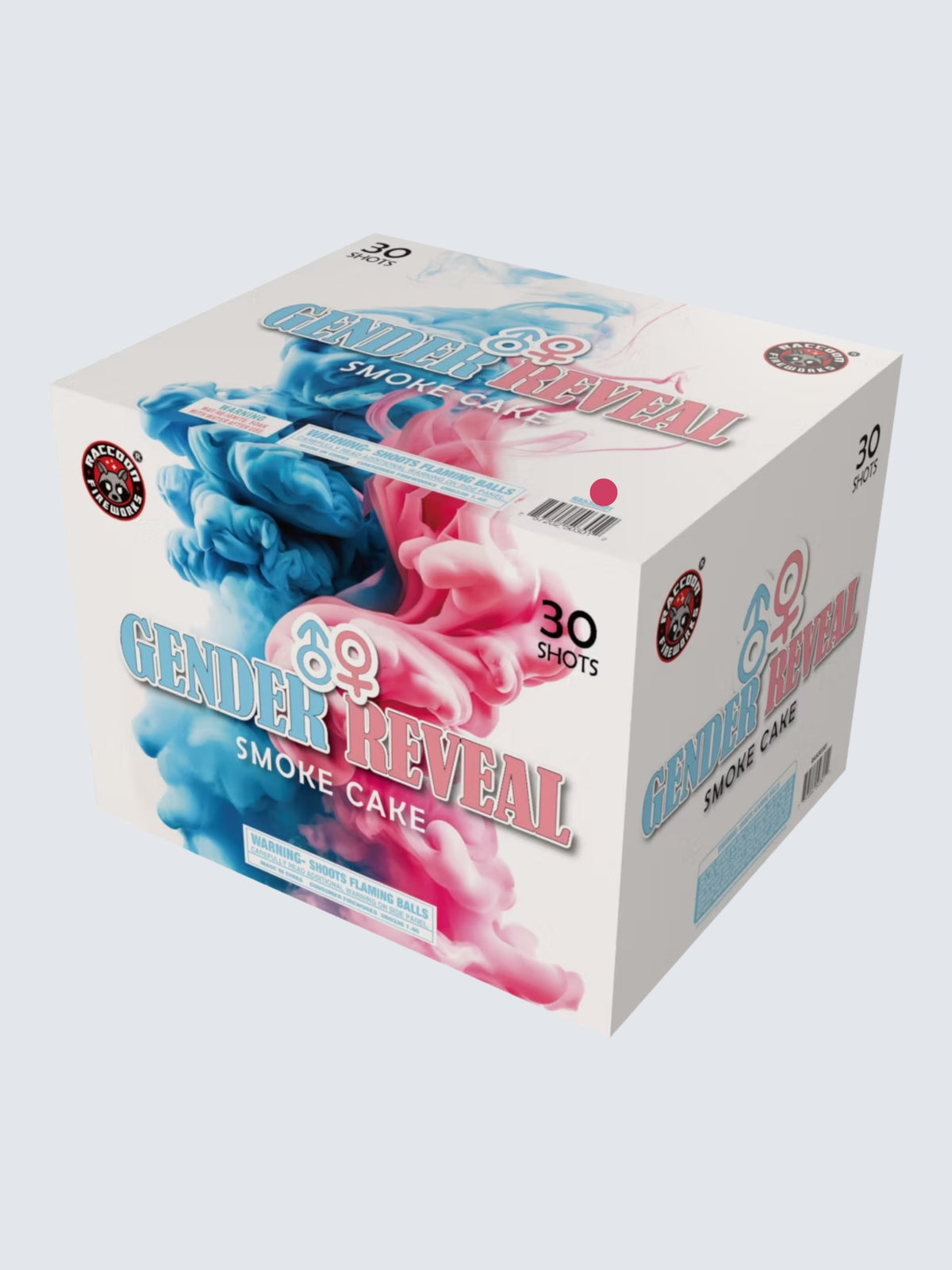 Raccoon Fireworks Pink Gender Reveal Smoke Cake, 30 shots, with pink and blue smoke artwork on white packaging.