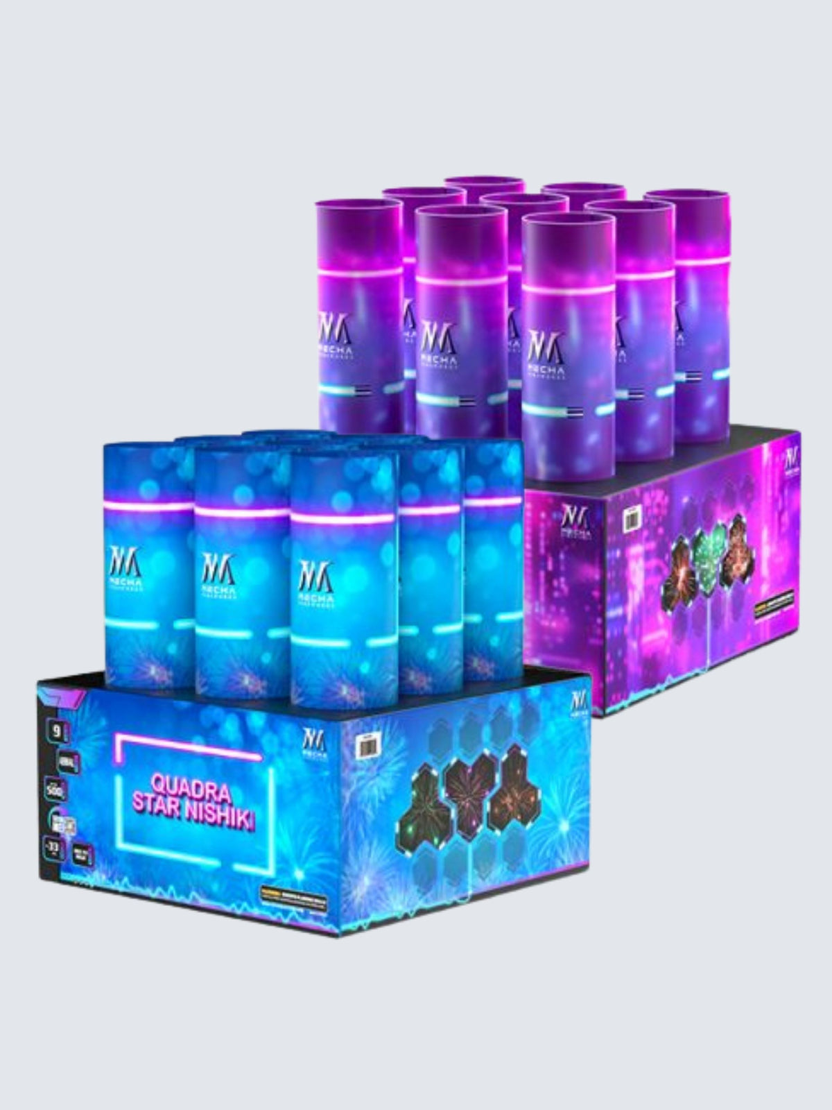 NOAB cakes including blue and purple space themed packaging. 9 shots per large cake.