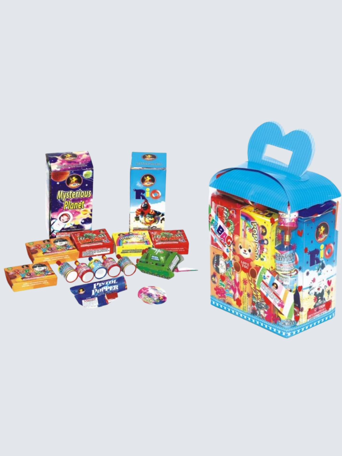 Unit of Gift Bag of Safe Sane Ground Variety Assortment of fireworks. Packaging shows a fun cute teddy bear.