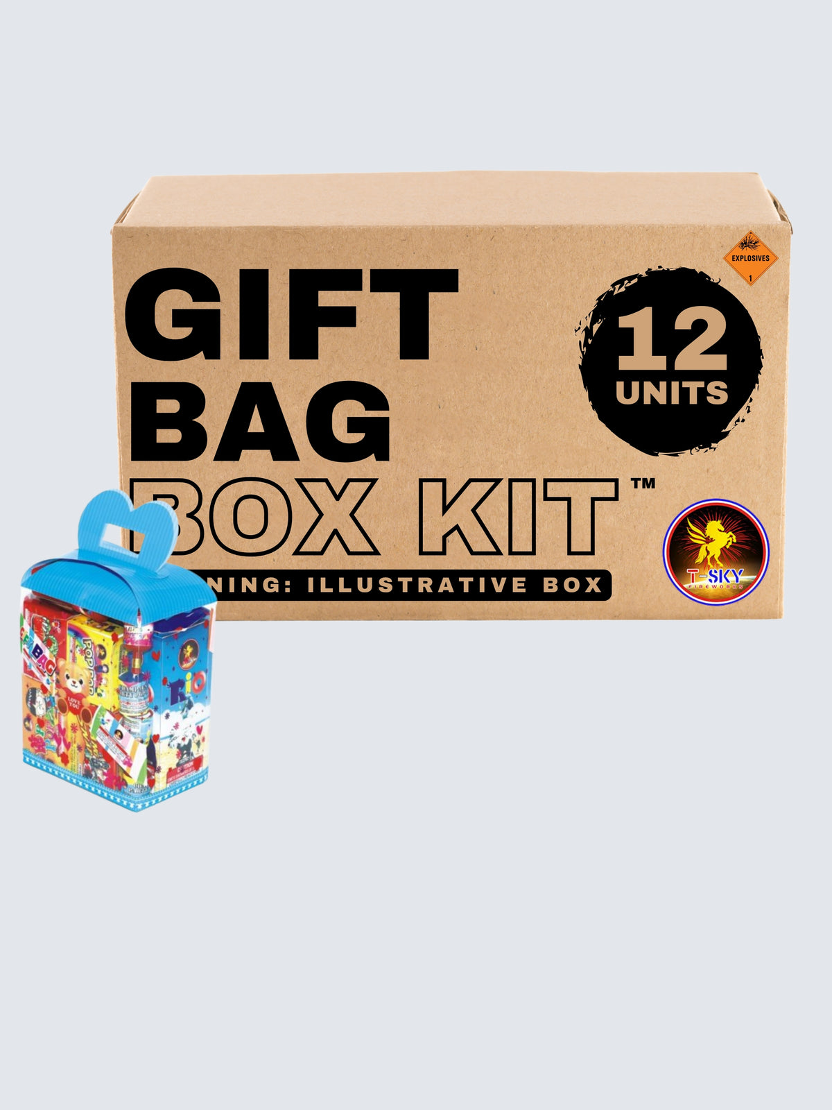 Box kit of Gift Bag assortment fireworks. Includes 12 units.