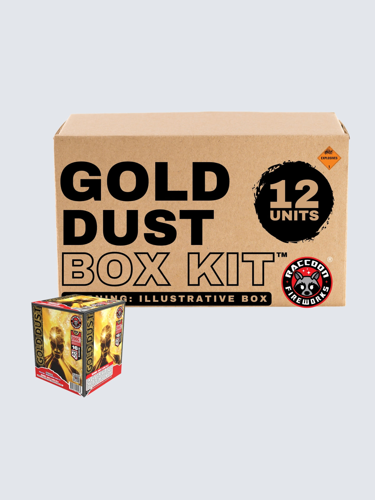Gold Dust 16-shot aerial repeater box kit by Raccoon Fireworks with 12 units and glowing gold figure artwork.