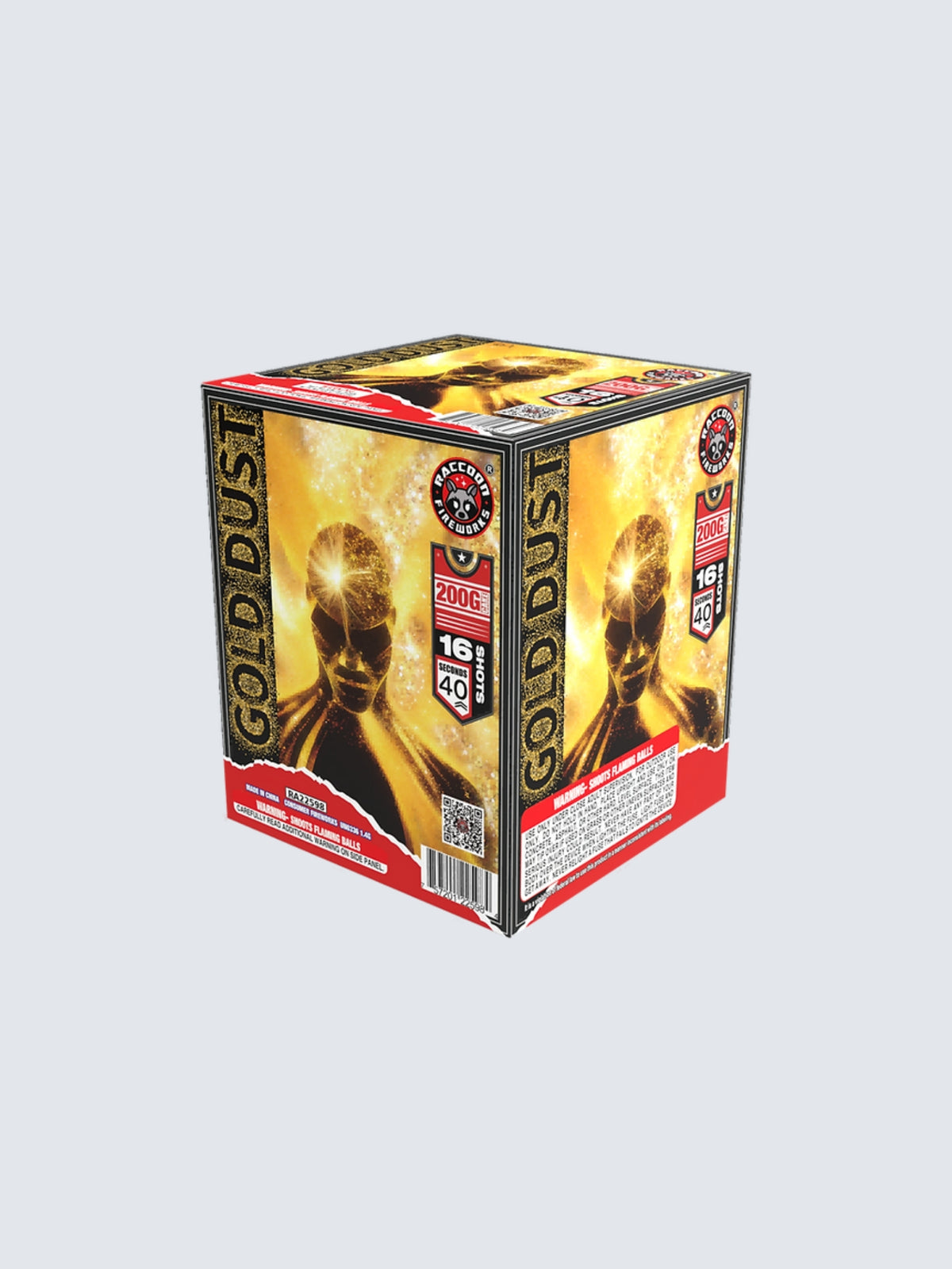 Gold Dust 16-shot aerial repeater by Raccoon Fireworks with a glowing gold figure amid sparkling gold dust.