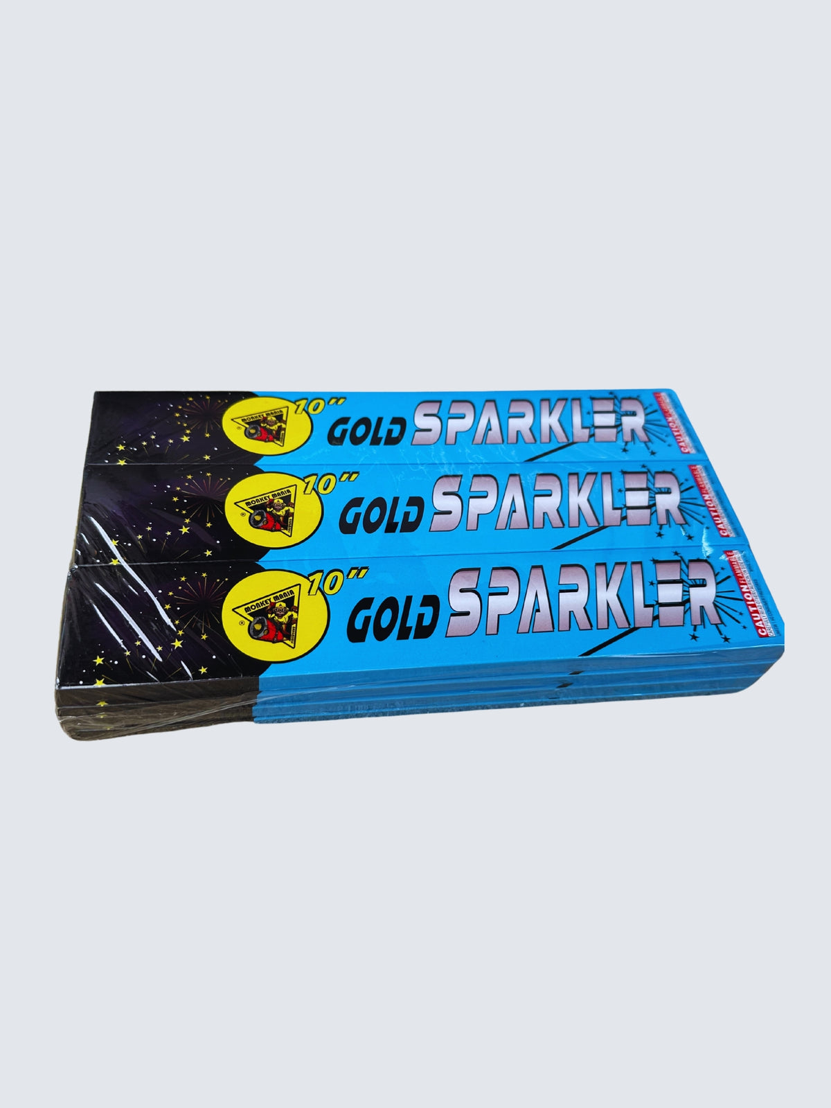10-inch Gold Sparklers by Monkey Mania, featuring bright blue packaging with golden firework bursts and black starry accents.