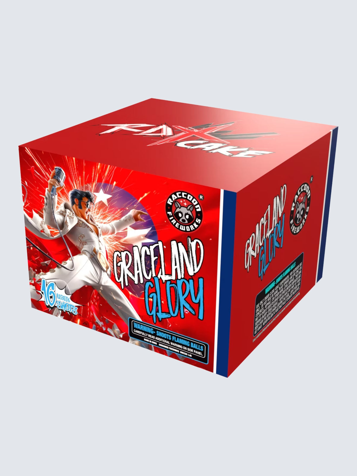 Graceland Glory 16-shot aerial repeater firework by Raccoon Fireworks featuring a rock-and-roll singer, microphone, patriotic starburst, and bold red box art.