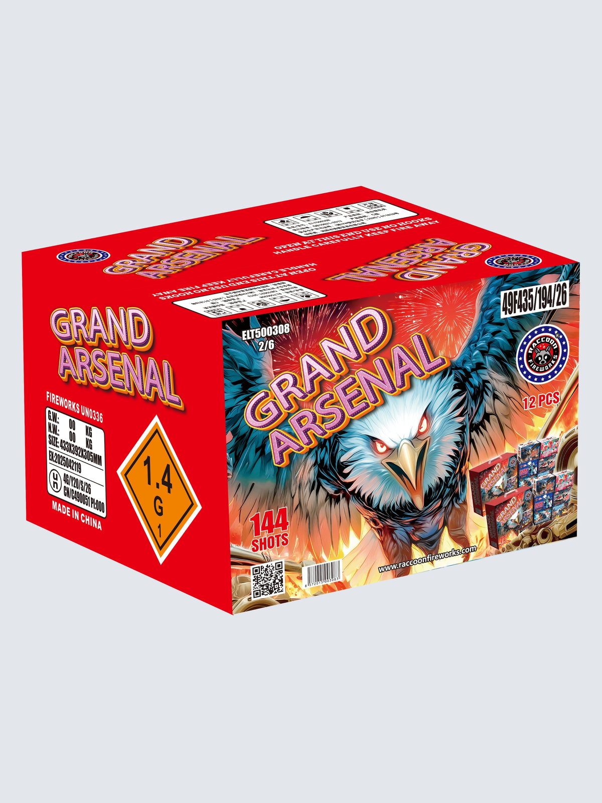 Grand Arsenal 144-shot aerial repeater fireworks assortment by Raccoon Fireworks featuring bold eagle artwork, red packaging, fireworks bursts, and a 12-piece case design.