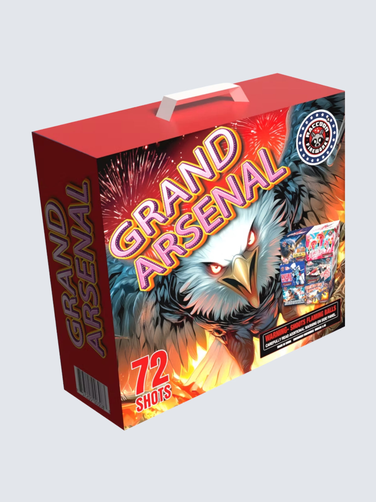 Grand Arsenal 72-shot aerial repeater fireworks sleeve kit by Raccoon Fireworks featuring a fierce bald eagle, fireworks, and patriotic action-themed artwork.