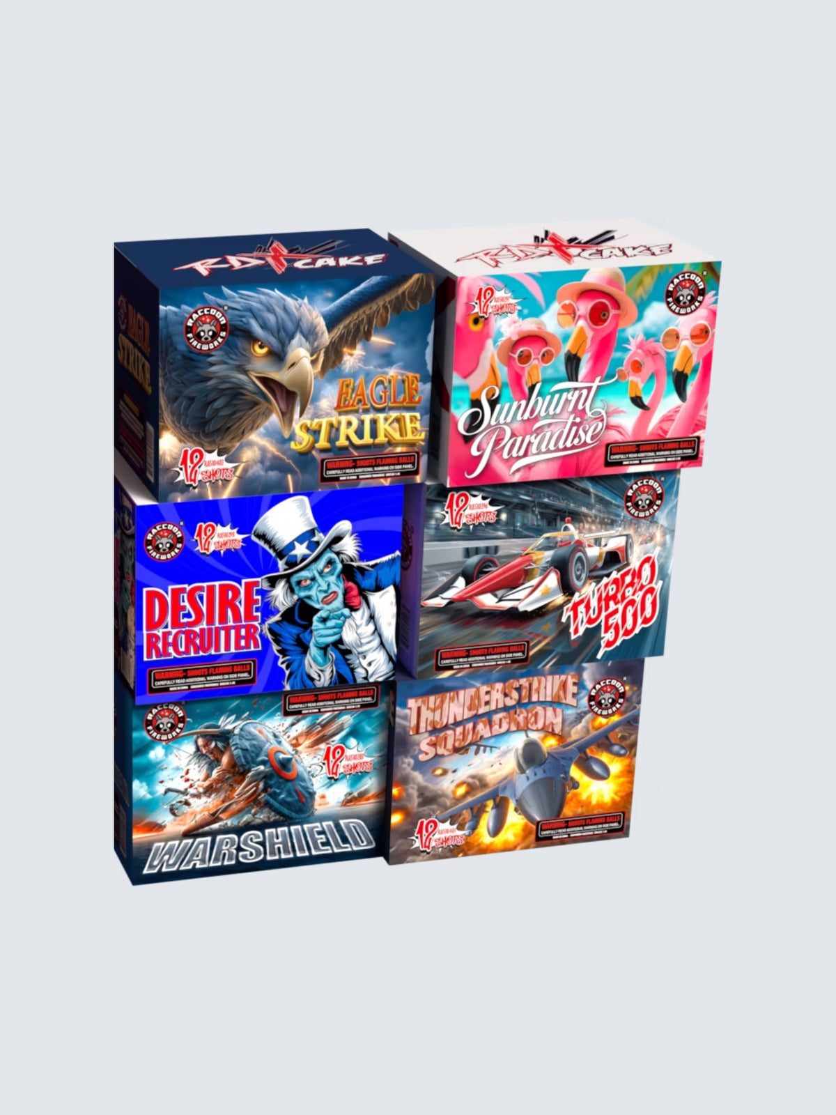 Variant Units included in Grand Arsenal 144 shot large cake fireworks assortment. 