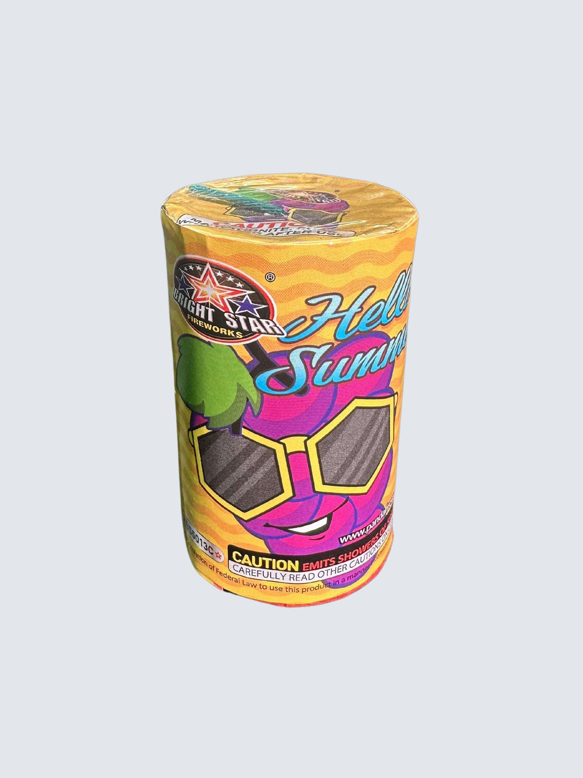 Hello Summer fountain by Bright Star Fireworks with smiling grapes wearing sunglasses on orange striped packaging.