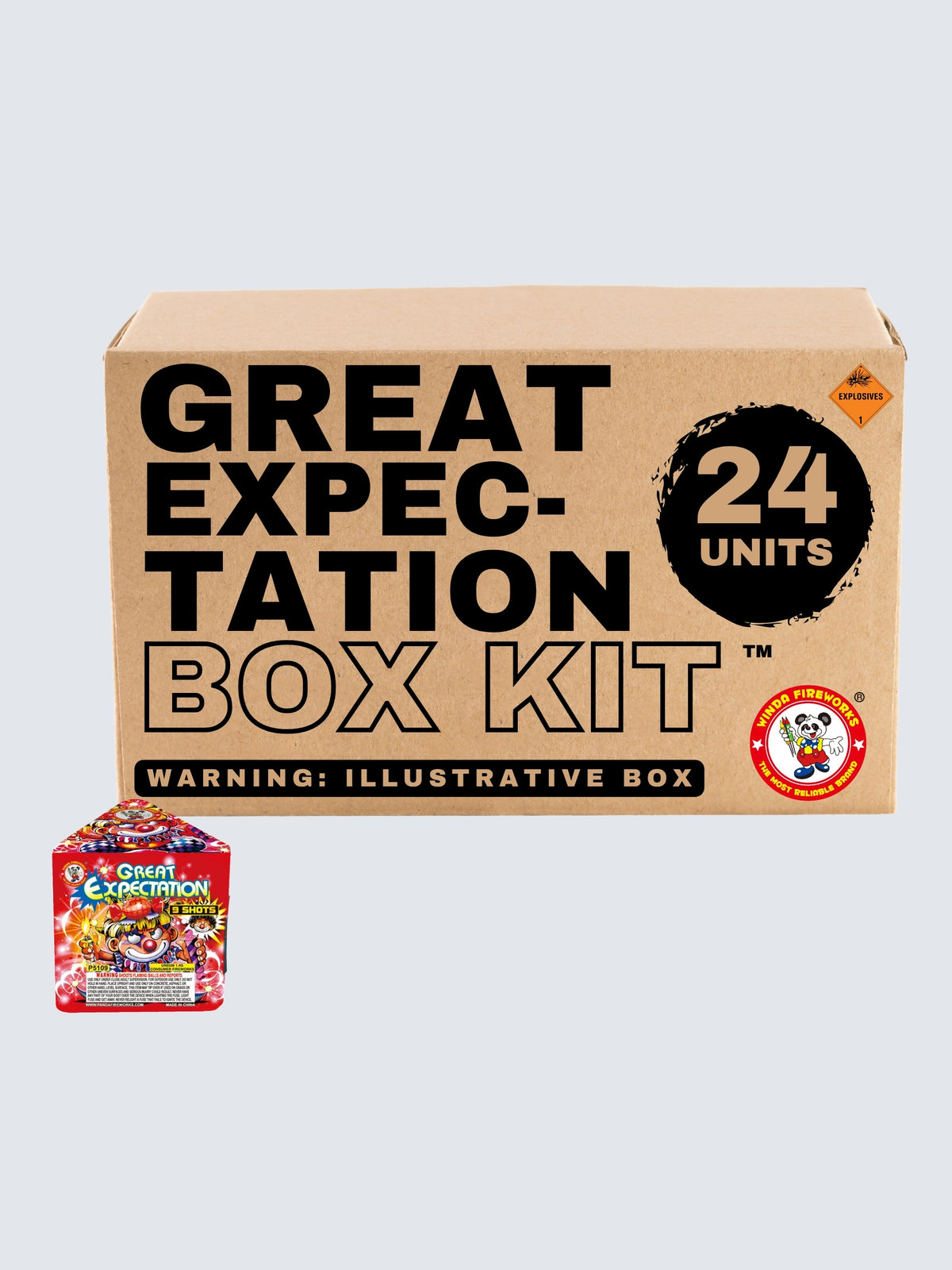 Great Expectation 9-shot aerial repeater fireworks box kit by Winda Fireworks includes 24 units with colorful clown artwork.
