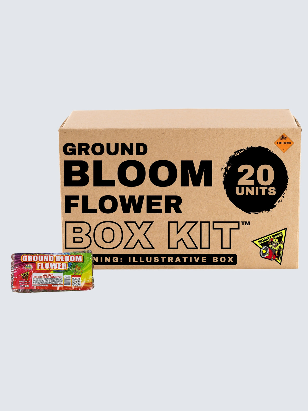 Ground Bloom Flower novelty fireworks 20-unit box kit by Monkey Mania, featuring colorful spinning ground fireworks.