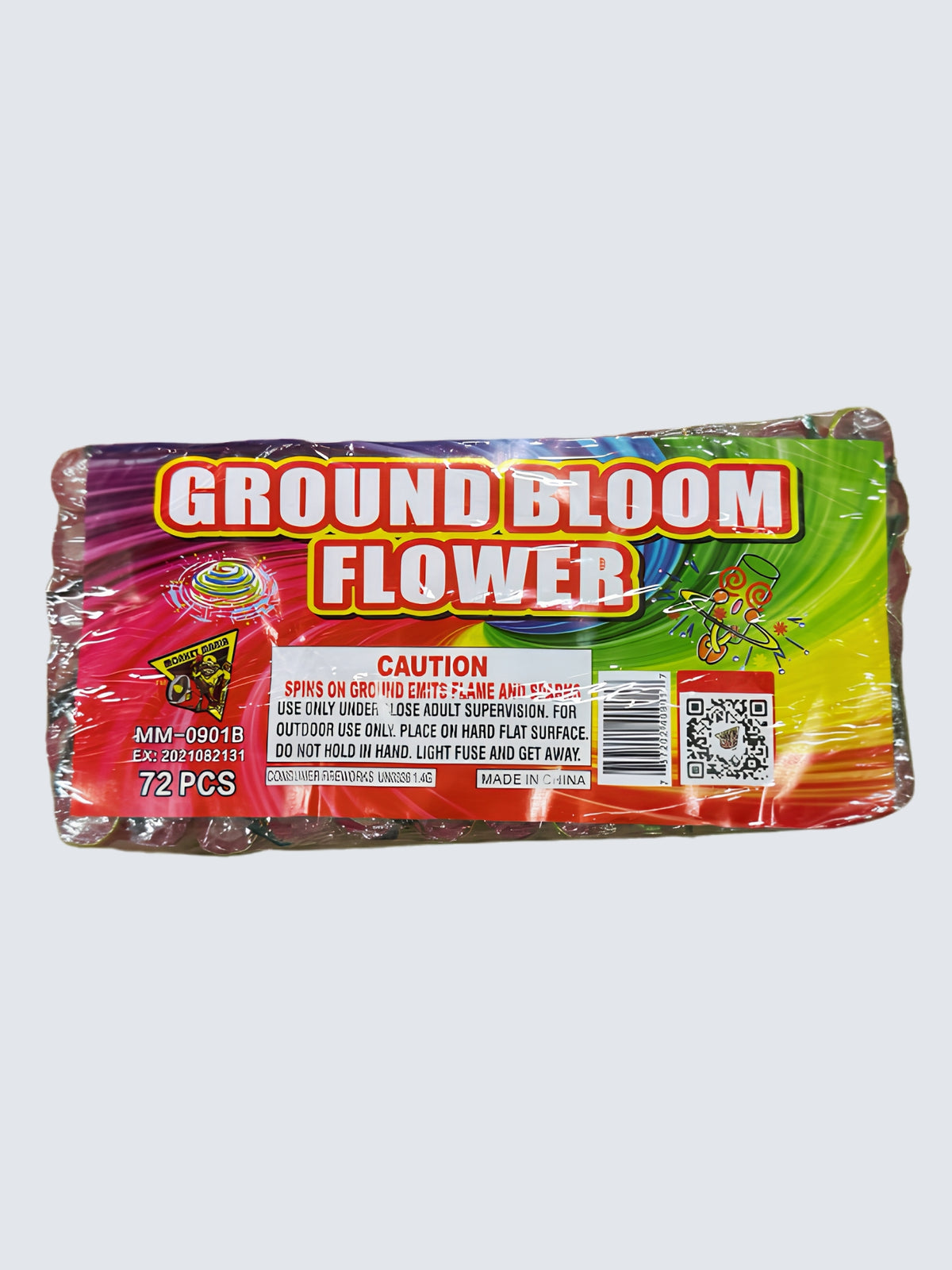 Ground Bloom Flower 72-piece spinning novelty fireworks pack with vibrant red, green, yellow, and purple swirl graphics.