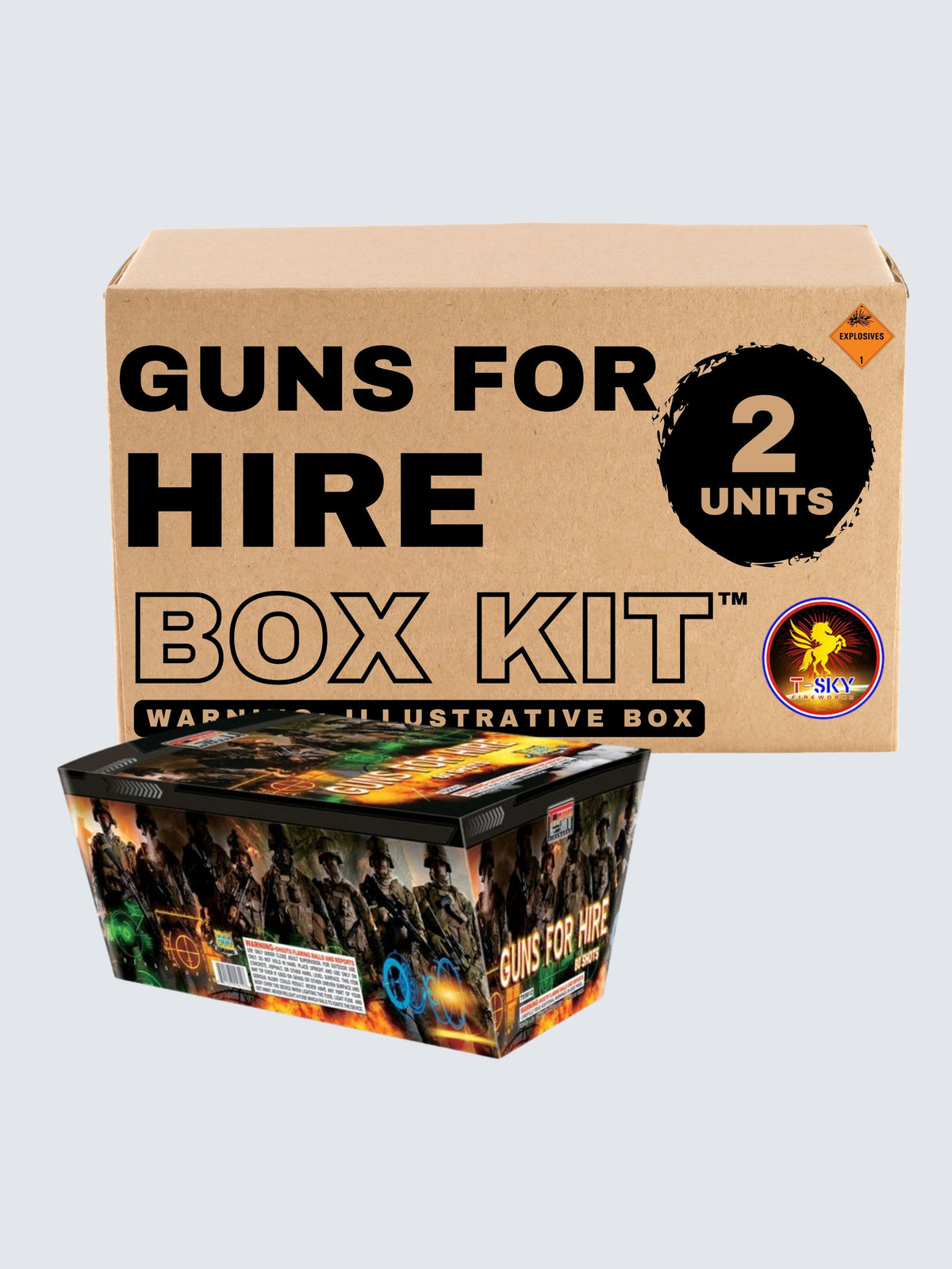 A box kit of Guns for Hire an aerial firework. Includes 2 units.