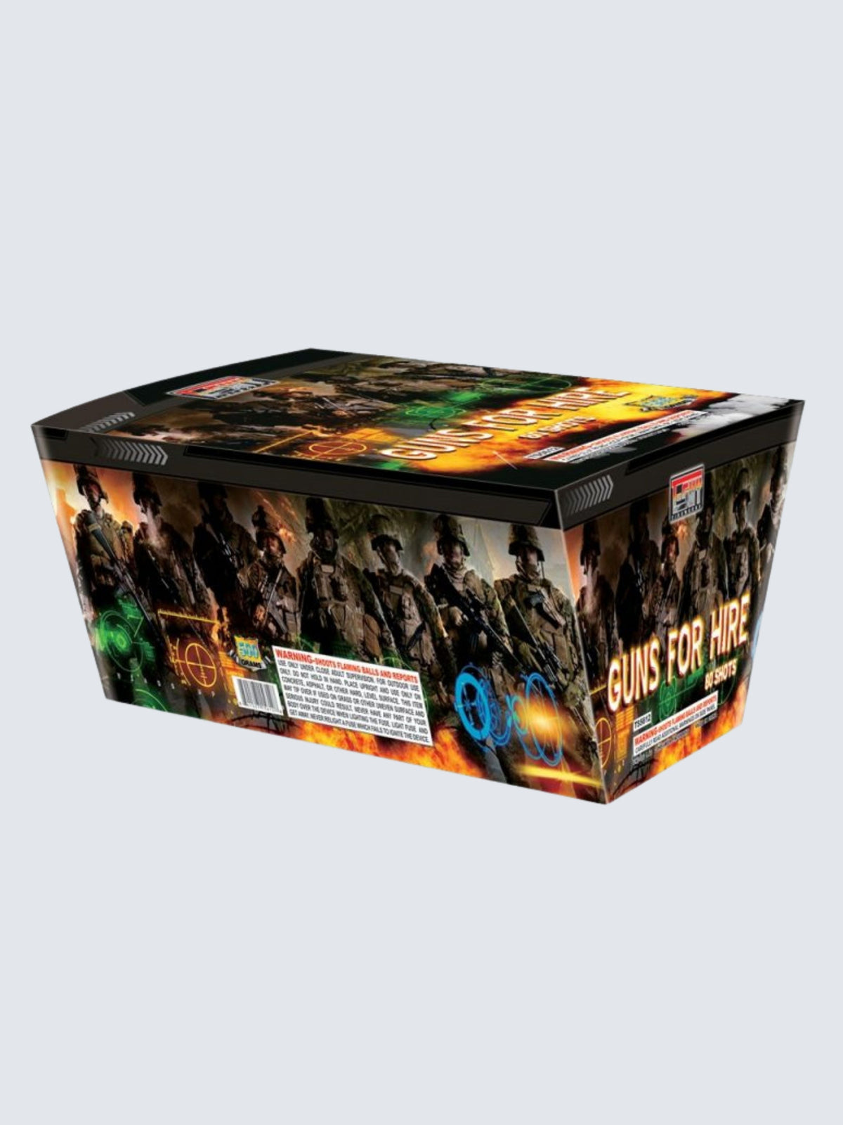 A unit of Guns for Hire fireworks. Featuring militaristic art with many soldiers and guns.