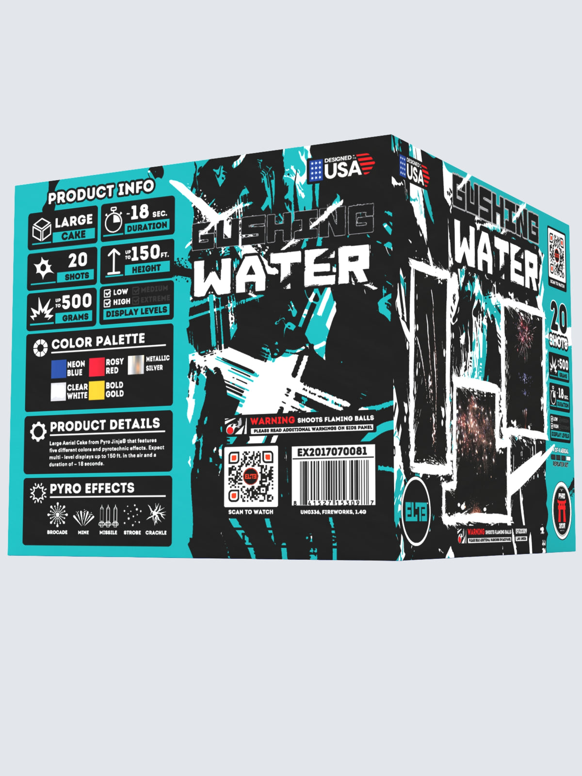 Unit of Gushing Water large cake fireworks. Includes 20 shots, with blue camo packaging.