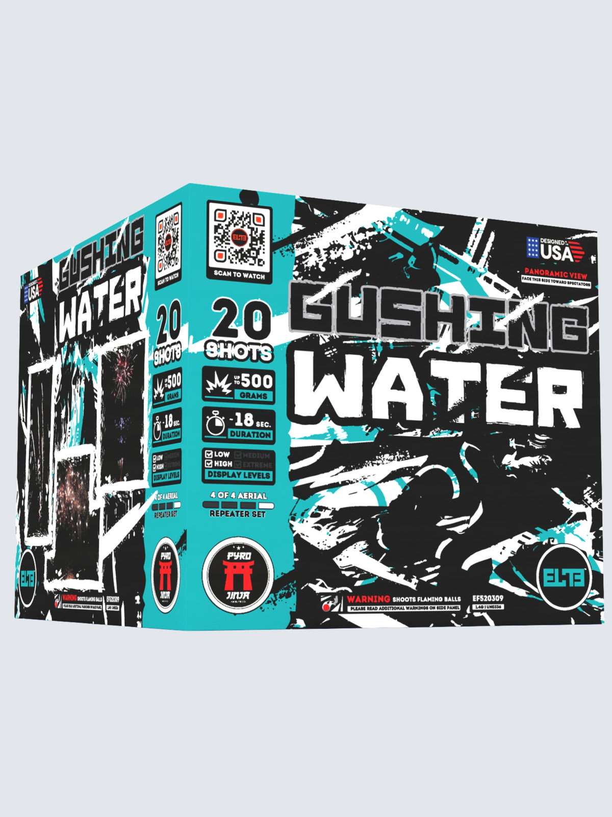 Unit of Gushing Water large cake fireworks. Includes 20 shots, with blue camo packaging.