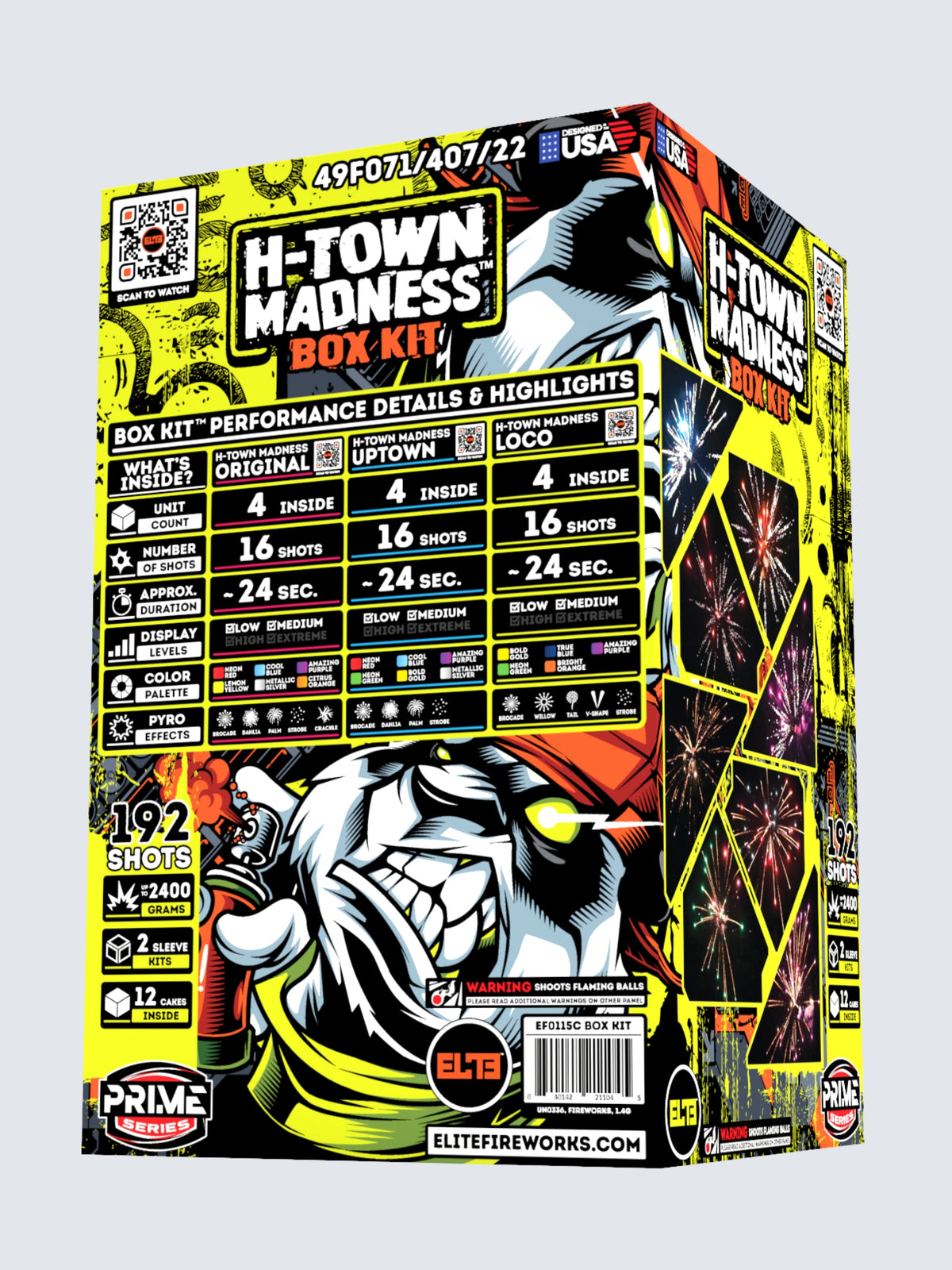 Box kit of H-Town Madness standard cake fireworks. Includes 192 shots and 12 cakes. Packaging shows a graffiti style panda.