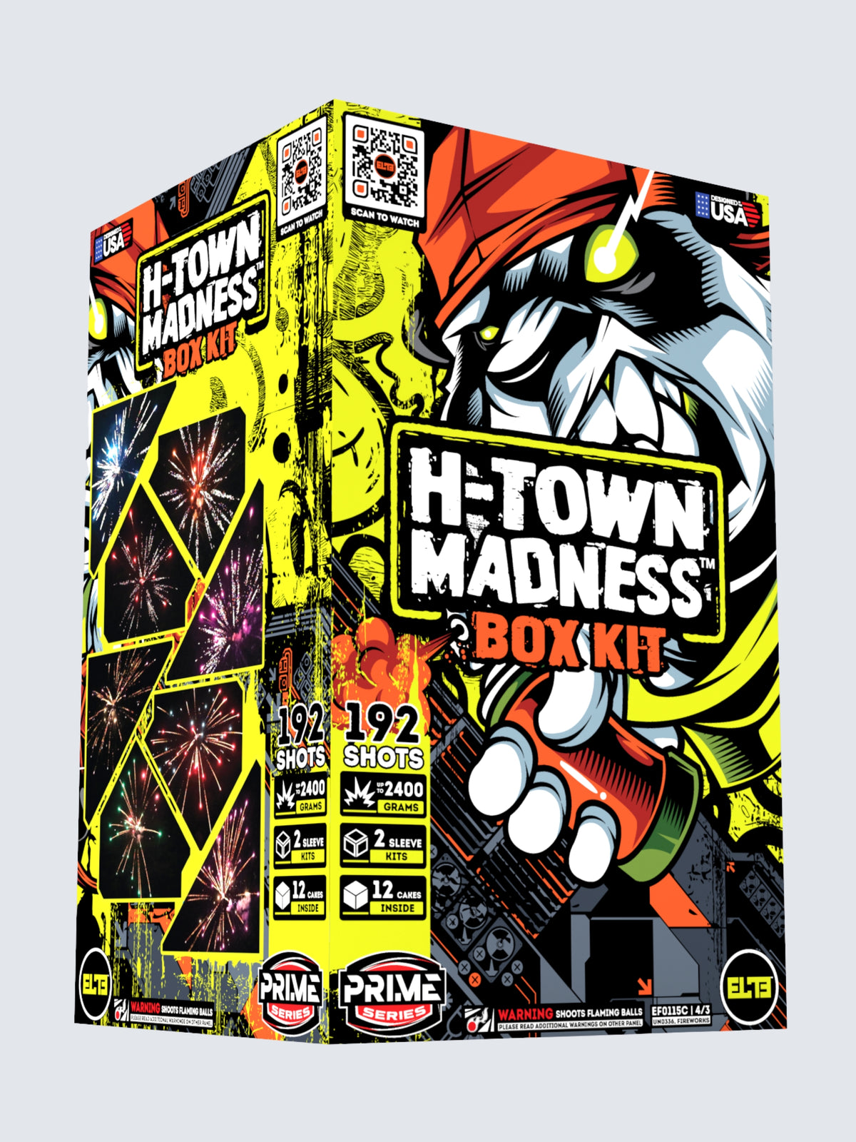 Box kit of H-Town Madness standard cake fireworks. Includes 192 shots and 12 cakes. Packaging shows a graffiti style panda.