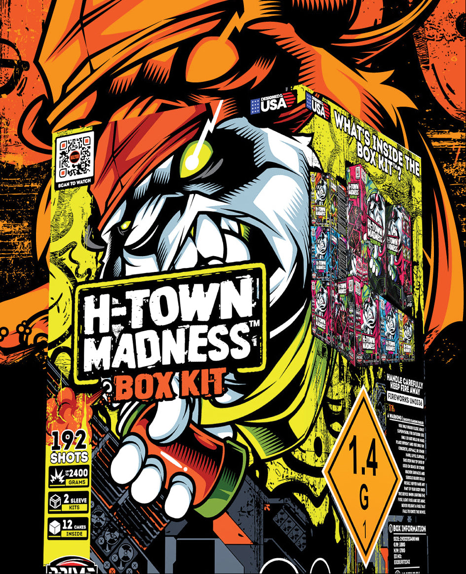 H-Town Madness Box Kit promotional image featuring an aggressive panda character with 192 shots, set against a bold orange-and-black graffiti-style background.