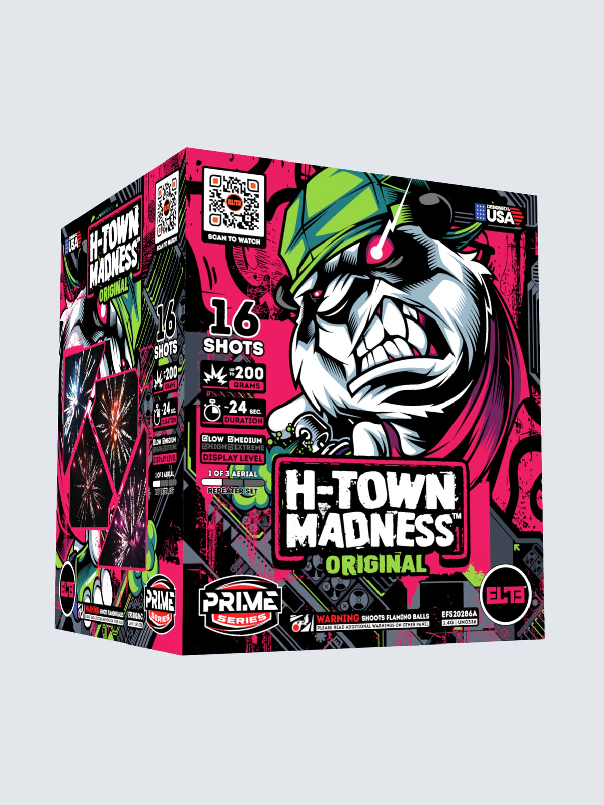 Unit of H-Town Madness Original standard cake fireworks. Package shows a graffiti style panda.