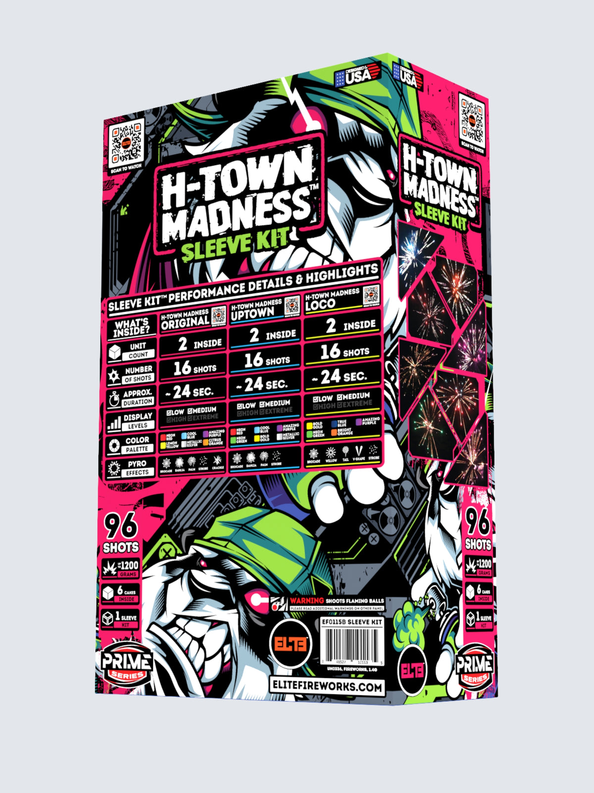Sleeve kit of H-Town Madness standard cake fireworks, includes 96 shots and 6 cakes. Packaging shows a graffiti style panda.