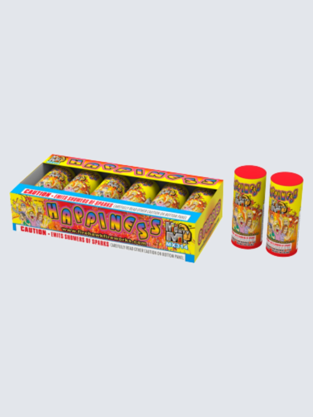 Happings novelty fireworks by Winda Fireworks feature colorful yellow packaging with cartoon characters and cylindrical tubes.