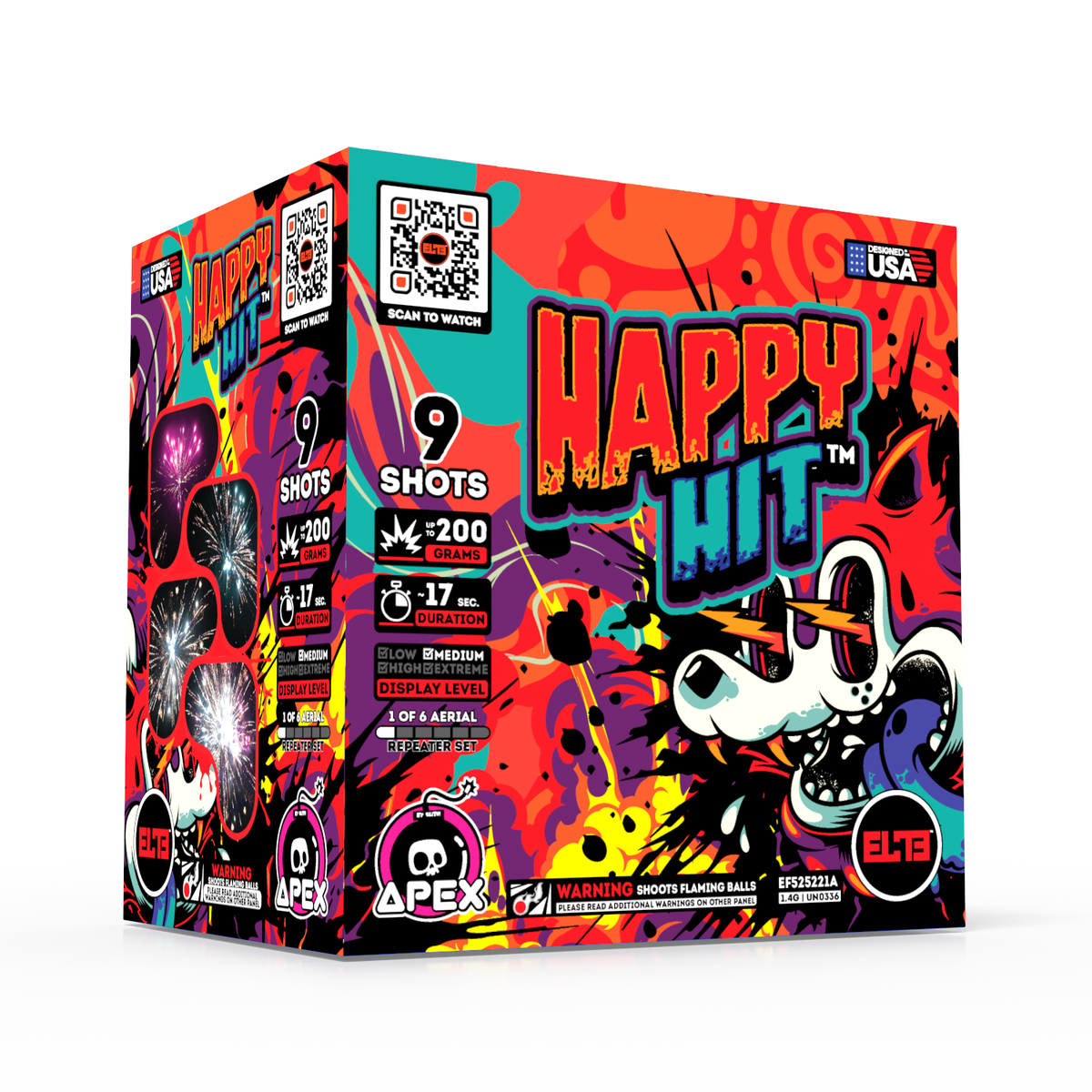 Happy Hit 9-shot 200G aerial repeater fireworks cake with vibrant cartoon monster artwork and colorful explosive graphics